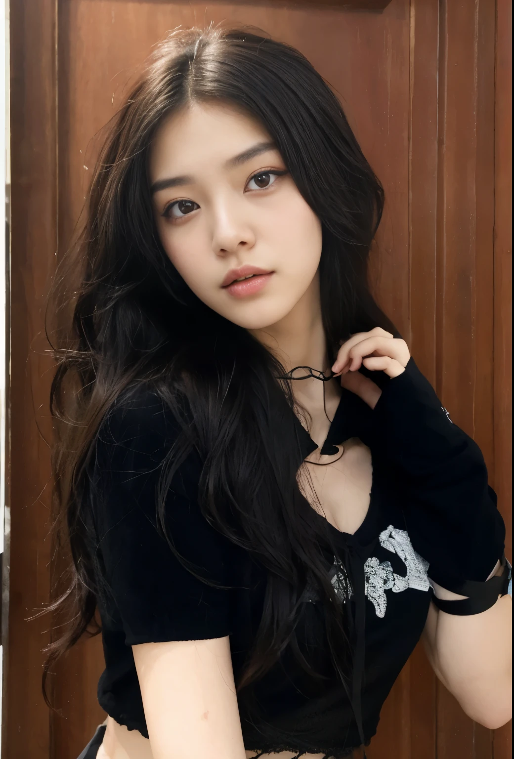 un primer plano de una mujer con cabello largo y vistiendo un top negro, beautiful south mujer coreana, gorgeous young mujer coreana, muchacha coreana, beautiful young mujer coreana, ulzzang, asian girl with long hair, mujer coreana, cruel korean gothic girl, beautiful asian girl, con pelo largo y ojos penetrantes, joven y adorable rostro coreano, ig model Aibijomodel