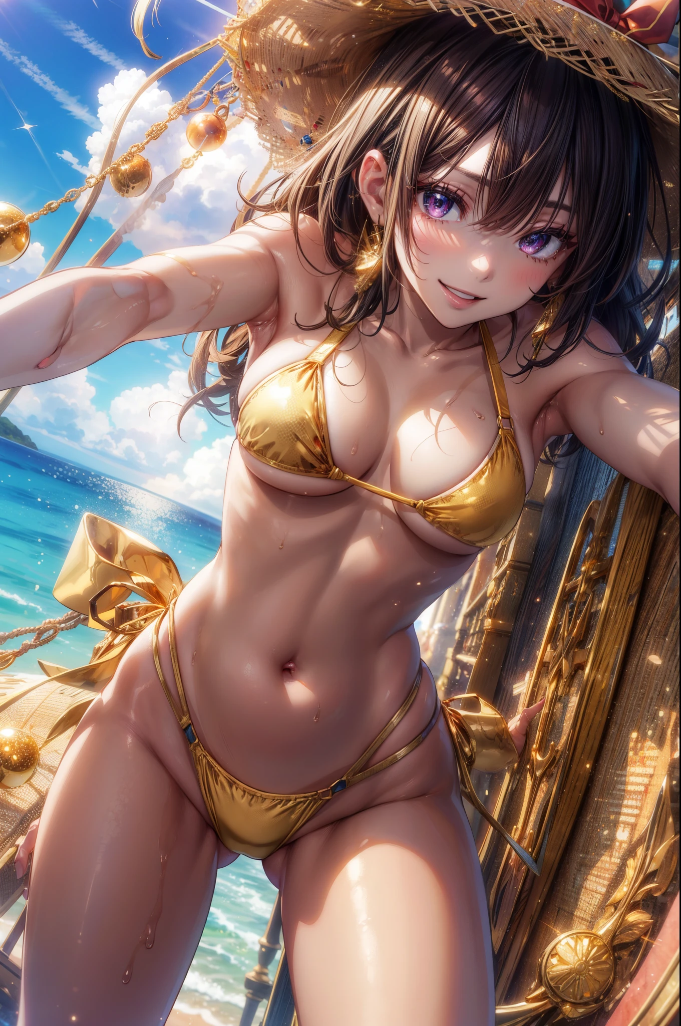 ((golden bikini)), 4 defined fingers, 1 defined thumb, looking at viewer, solo, 1 woman, 25 years old, AI generated, highest quality, masterpiece, skindentation, perfect face, 8k , smile, thin thighs, medium breasts, perfect limbs, sexy, (visible nipples:1.0), (camel toe:0.7), (dutch angle), sexy pose, tan skin, dynamic pose, (close up),