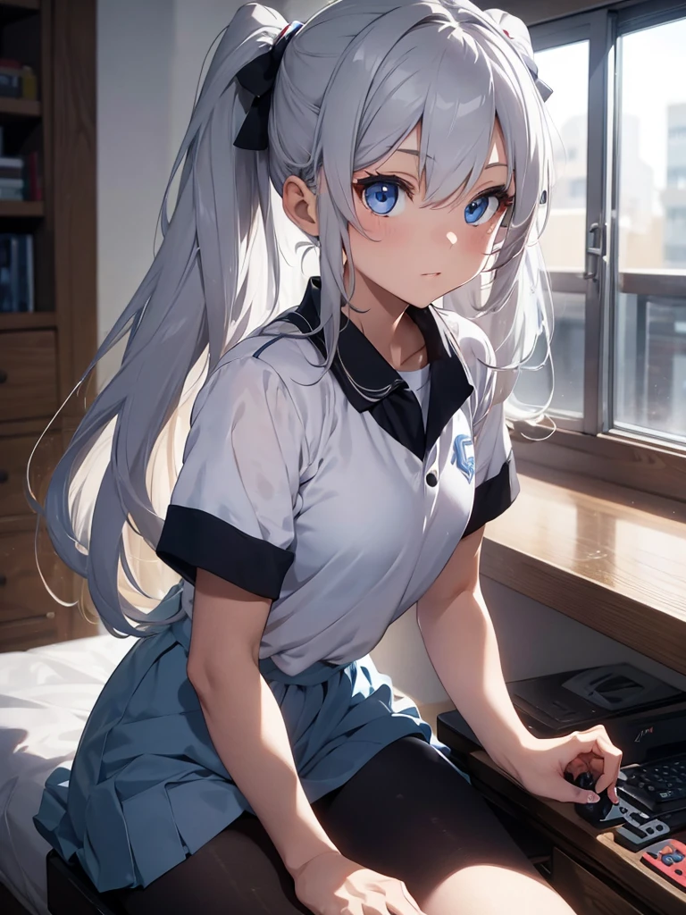 2d silver hair girl with twin ponytails，Blue Eyes，E-sports player uniforms，Concentrate on playing games