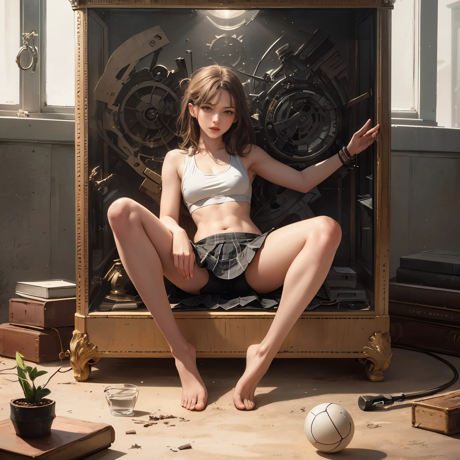 (Photographed with Canon EOS R5,Canon EF 24-70mm f/2.8L II,LED panel) , (realistic photo :1.5), BREAK,
solo focus, (full body shot:1.4), BREAK,
BREAK, (Photo of a person seen from the front :1.5),
(1girl, flat chest :1.4), (high resolution detail of human skin texture : 1.5), (eyes are red and swollen),
(1 Japanese girl ), brown eyes, nipples, hetero, parted lips, looking at viewer, (spread legs widely:1.5),
flat chest, skinny body, lips, ( :1.5),
perfectly proportions, breasts, brown short hair,
BREAK,
(wearing sports bra, wearing short spats pants under skirt :1.4), (Bare legs:1.4), (black short spats pants:1.4),(plaid skirt:1.4),
(Do not expose upper body, Do not take off skirt:1.4),
BREAK,
(sitting down :1.5),
BREAK, (outdoors, ruin),
BREAK,
(in knollingcase made by glass :1.5), BREAK,