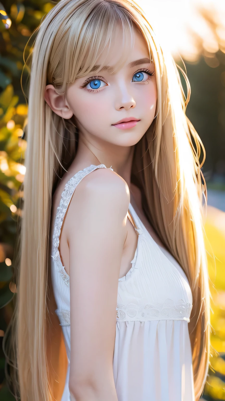 Very beautiful, bright, large light blue eyes、Very big eyes、Super long, super beautiful, bright blonde hair、Super long straight hair、Silky Hair、long bangs over the eyes、Very beautiful face, Young and shiny white skin、Sexy and very beautiful appearance、Beautiful and cute face、Very beautiful 14 year old, Stylish Nordic blonde beauty、A little larger chest, Full Body, Pubic hair, Very cute、hair over eyes、hair over one eye、hair between eyes、Round face