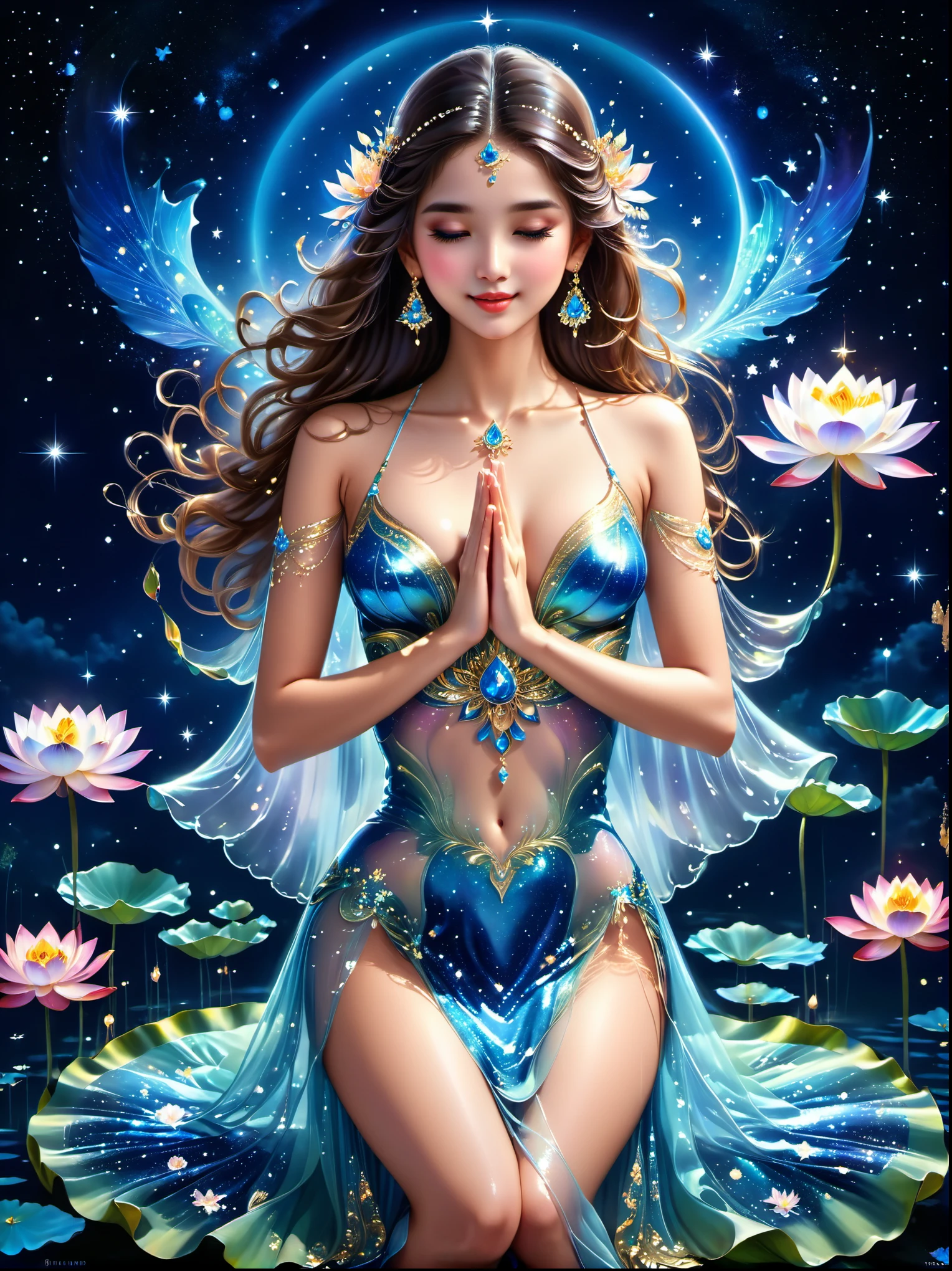 top quality,masterpiece:1.2,Detailed details,She is wearing a girl with a glittery complex transparent colored dress,dress,Beautiful young goddess,A gentle smile,She clasped her hands together,Prayer and meditation,Sitting on the lotus,Twinkling stars in the blue night sky,In a fantastic atmosphere,Feeling as if you are one with the universe,Practical,Neon,(Liquid light background),(Ultra HD, masterpiece, precise, Anatomically correct, textured skin, Super Detail, High Detail, The award-winning, best quality, 8k)