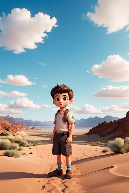 the same boy crossing a desert, stormy seas and very big mountains