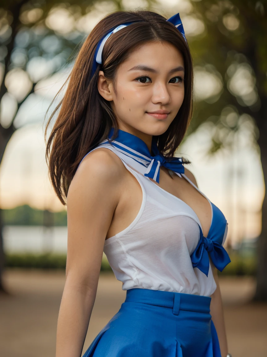 (1 lady), (Best quality at best:1.4), (ultra - detailed), (extremely detailed CG unified 16k), A Beautiful Woman with Perfect Figure: 1.4, Sharp Focus: 1.2, very detailed, High-definition RAW color photo, professional photoshooting, amazing face and eyes, cosmetics, (amazingly beautiful girl), ((suzumiya haruhi)), ((kita high sch0ol uniform, blue sailor collar, blue skirt, armband, hairband, medium hair, ribbon, socks)), standing posture, (look from down), realistic cinematic face, head to feet long wide zoomed out view, full body long view, photorealistic, ((realistic natural caramel brown hair style, brown eyes)), gorgeous, extremely beautiful face, perfect model beauty, pout mouth, Highly Detailed Face and Skin Texture, Detailed Eyes, Double Eyelids, Medium Breasts, joy expression, joyful face, cleavages, western, (masterpiece), best quality, high resolution, extremely detailed, depth of field, cinematic lighting, amazing legs, high heels, clear and well-cared skin, (background: nature, tree, park)