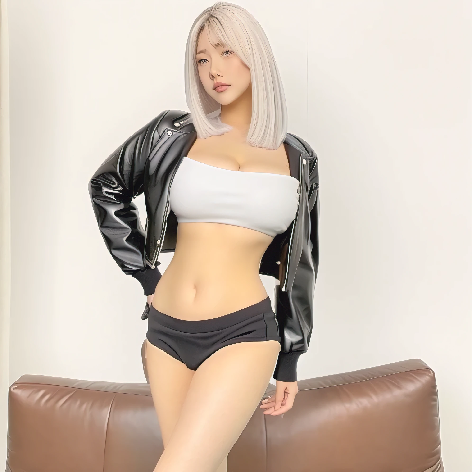 (((Masterpiece))), top quality, super detailed, blush, cute and playful, huge, leather jacket, silver hair, fluffy hairstyle, elastic breasts, heart-blowing eyes, sweet look, belly button, dynamic and cute pose.