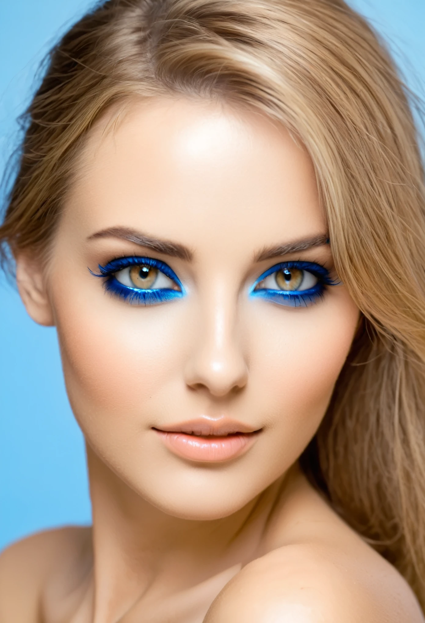 Mujer desnuda rubia ojos azules, Light brown hair, con mirada seductora 