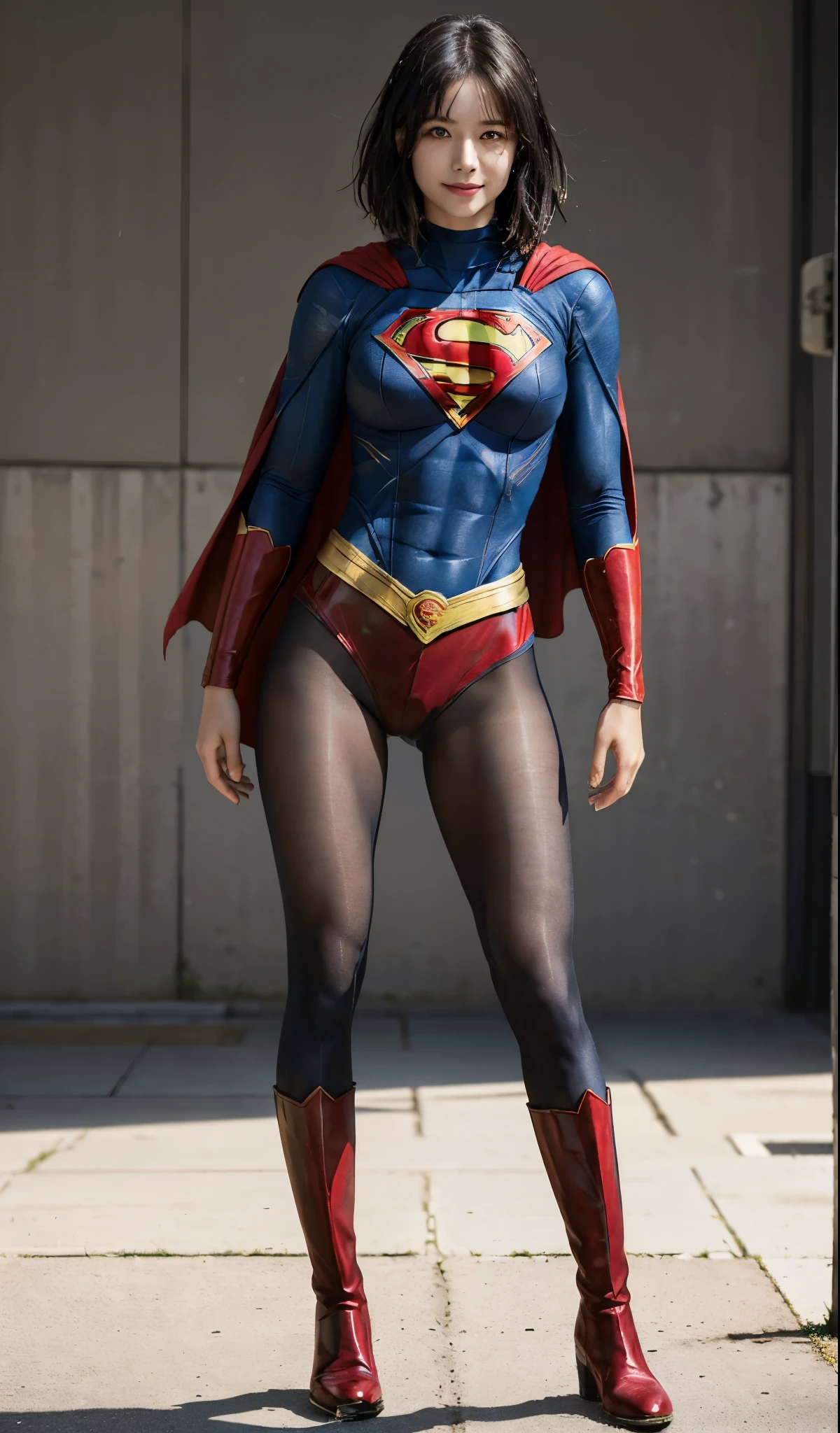 No background、(((Beautiful legs in black tights.)))、(((Legally express the beauty of your smile)))、((((Make the most of your original images)))、(((Supergirl Costume)))、(((beautiful short bob hair)))、(((suffering)))、(((Please wear black tights....、Wear red boots)))、((Best image quality、8K))、((highest quality、8K、masterpiece:1.3))、(((Preserve background )))、Sharp focus:1.2、Beautiful woman with perfect figure:1.4、Thin abdominal muscles:1.2、Wet body:1.5、Highly detailed face and skin texture、8K