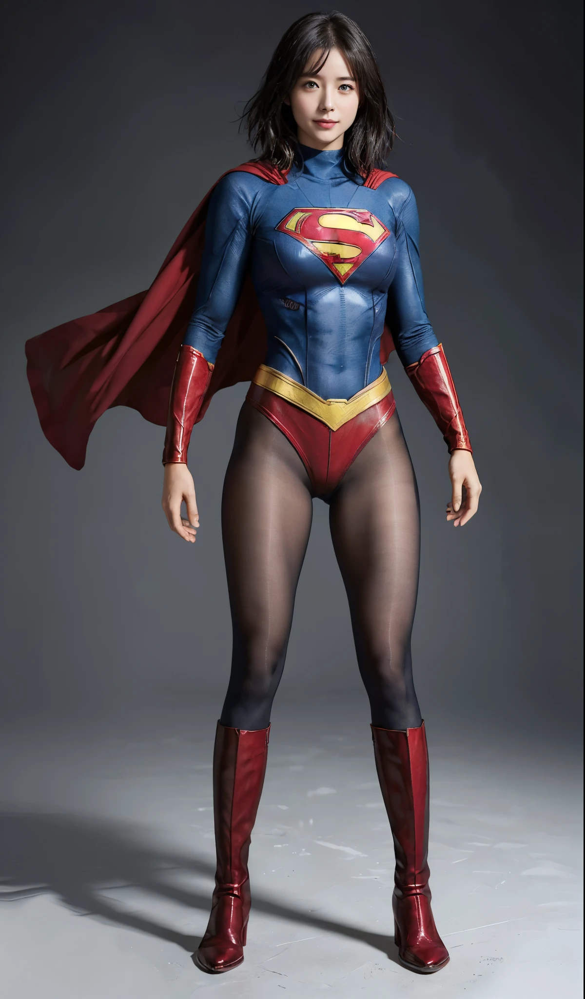 No background、(((Beautiful legs in black tights.)))、(((Legally express the beauty of your smile)))、((((Make the most of your original images)))、(((Supergirl Costume)))、(((beautiful short bob hair)))、(((suffering)))、(((Please wear black tights....、Wear red boots)))、((Best image quality、8K))、((highest quality、8K、masterpiece:1.3))、(((Preserve background )))、Sharp focus:1.2、Beautiful woman with perfect figure:1.4、Thin abdominal muscles:1.2、Wet body:1.5、Highly detailed face and skin texture、8K