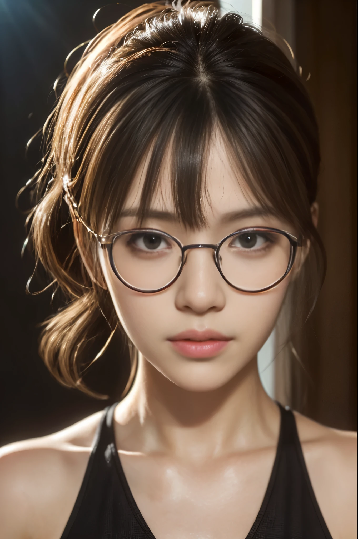 Generate with SFW, ((Face close-up)), (highest quality:1.4), (Realistic:1.5), (Ultra-realistic:1.5), High resolution 32k UHD, (masterpiece:1.2), (Improvement of quality:1.4), (very beautiful facial details), (Highest quality realistic skin texture:1.4), 1woman, Japanese women, ((black rimmed glasses)), black camisole, Highly detailed face, Symmetrical eyes, Beautiful Eyes, (Clear Eyes), (detailed eyelashes), (Highly detailed lips), (tired, Sleepy and satisfied:0.0), There is strong backlighting., Shiny black hair, hanging bangs, ponytail, Slim figure,