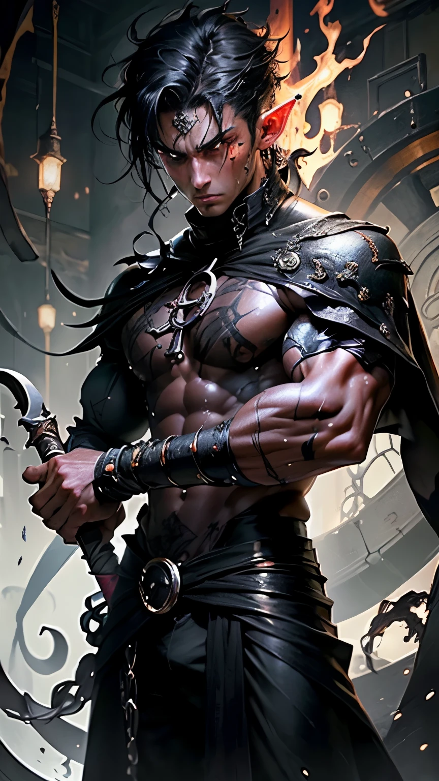 ultra detail, a high resolution, ultra detailed, Best quality, daemon, Red eyes, skinny, dark boy, Wizard, shirtless, Super muscular, sweat-drenched occultist, black hair, bang, elf, holding a bloody dagger, wet tentacles wrap around the body