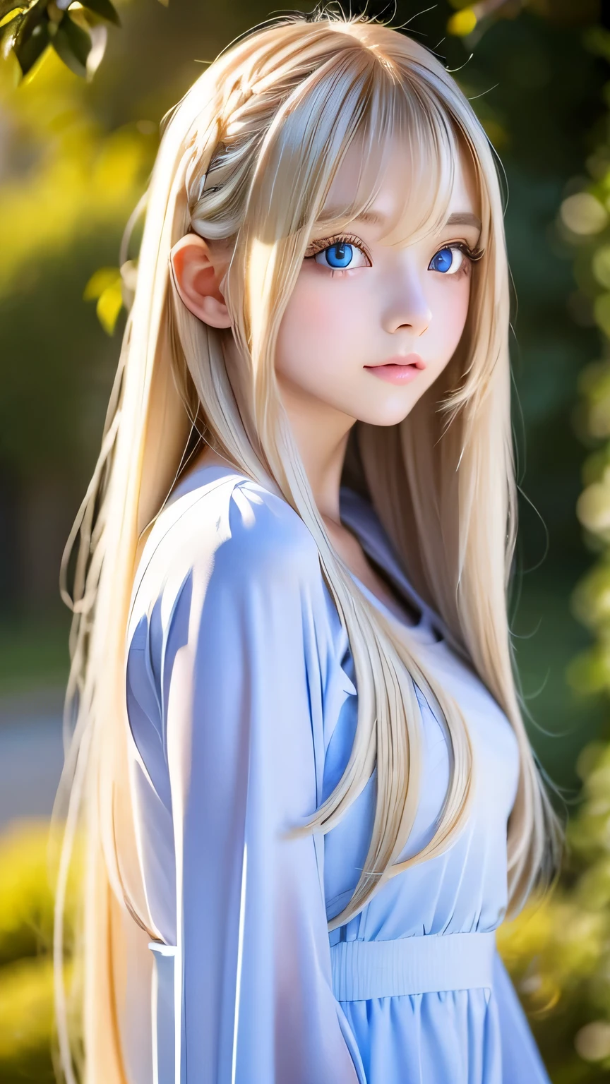 Very beautiful, bright, large light blue eyes、Very big eyes、Super long, super beautiful, bright blonde hair、Super long straight hair、Silky Hair、long bangs over the eyes、Very beautiful face, Young and shiny white skin、Sexy and very beautiful appearance、Beautiful and cute face、Very beautiful 14 year old, Stylish Nordic blonde beauty、A little larger chest, Full Body, Pubic hair, Very cute、hair over eyes、hair over one eye、hair between eyes、Round face