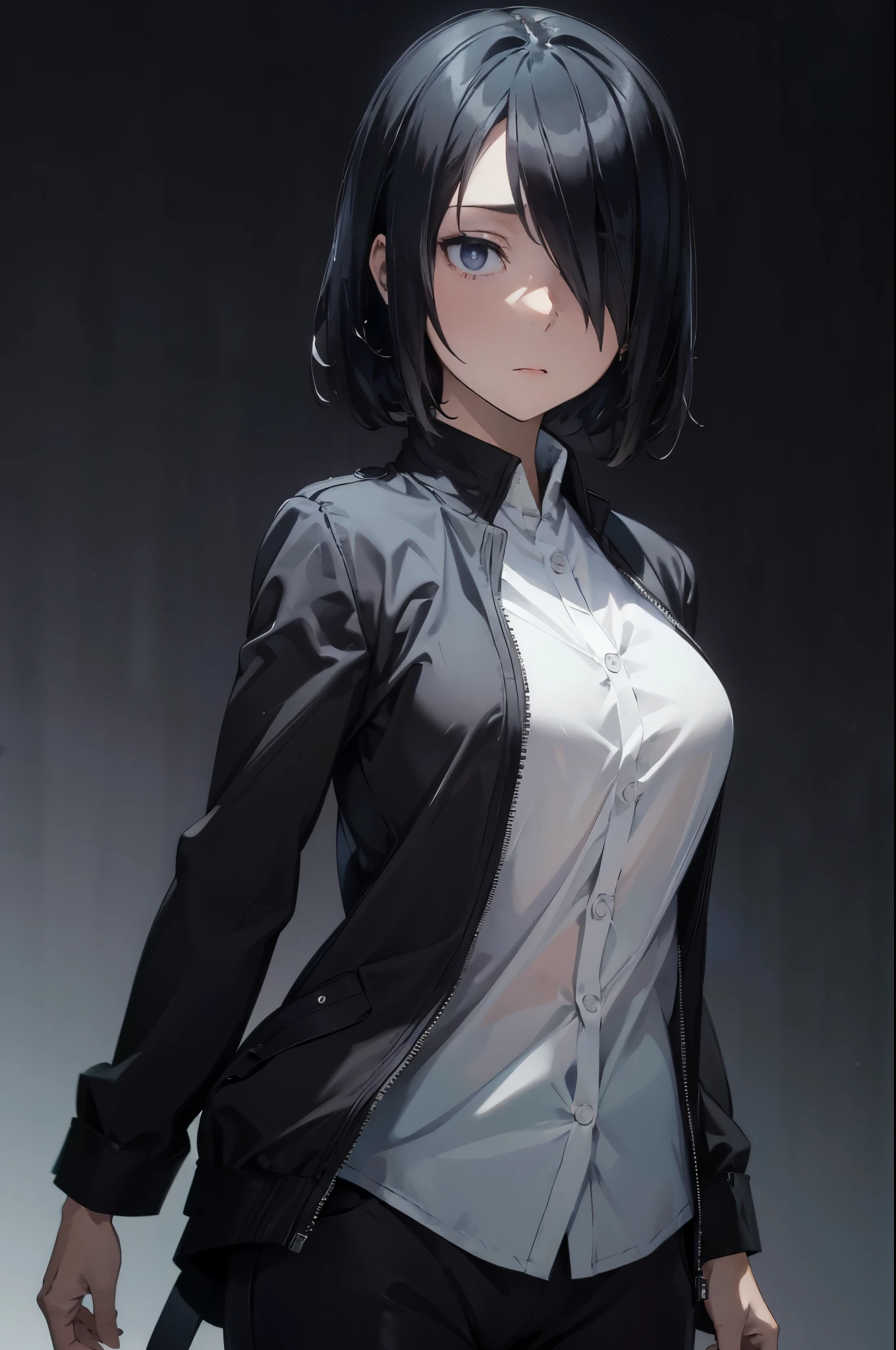 (masterpiece, best quality:1.2), expressive eyes, perfect face, highres, 1girl, solo, (female:1.5), ishigami_yuu, black jacket, open jacket, white shirt, black pants, hair on one eye, standing, upper body, looking at the viewer