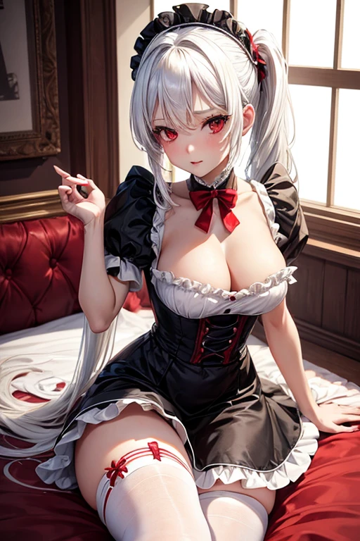 Woman, gorgeous, sexy, white hair, red eyes, two ponytails, red maid-like dress, black and white little details, ruffled skirt, seductive look, seductive pose, white stockings up to the middle of the thighs, red shoes