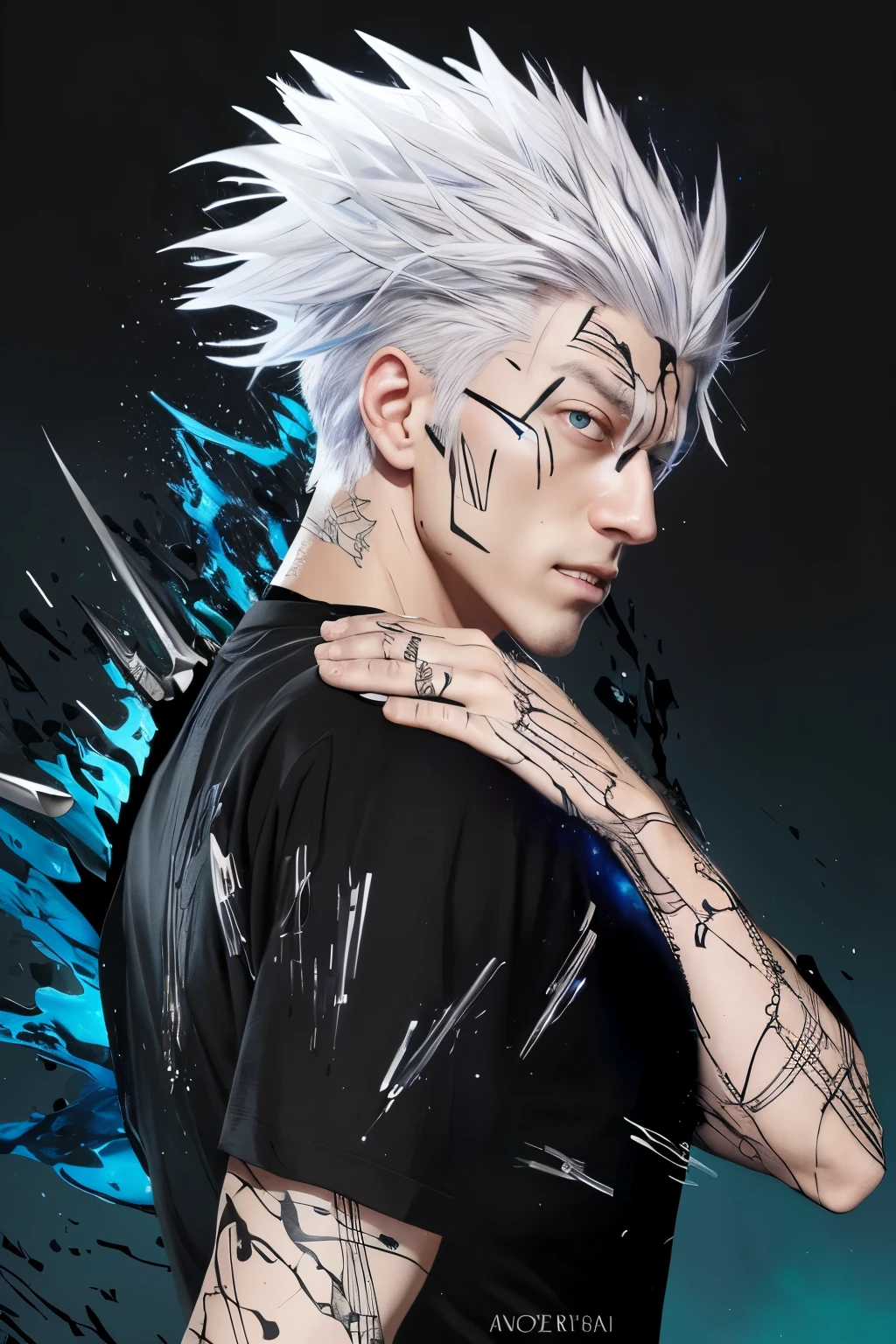 man with white hair and blue eyes, silver haired crazy person, jujutsu kaisen, 4k, A knife wound on the face, Knife marks on the body, blue aura, Black T-shirt