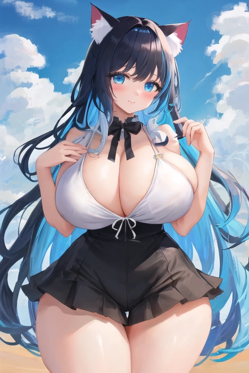 masterpiece, best quality, 1girl, (sky blue hair, long hair, detailed hair, cat ears, sky blue eyes, black hair ribbons:1.2), cute, (curvy, slim waist, bottomheavy, big breasts, bursting breasts, holding breasts, gigantic thighs, extremely wide hips:1.1), beach