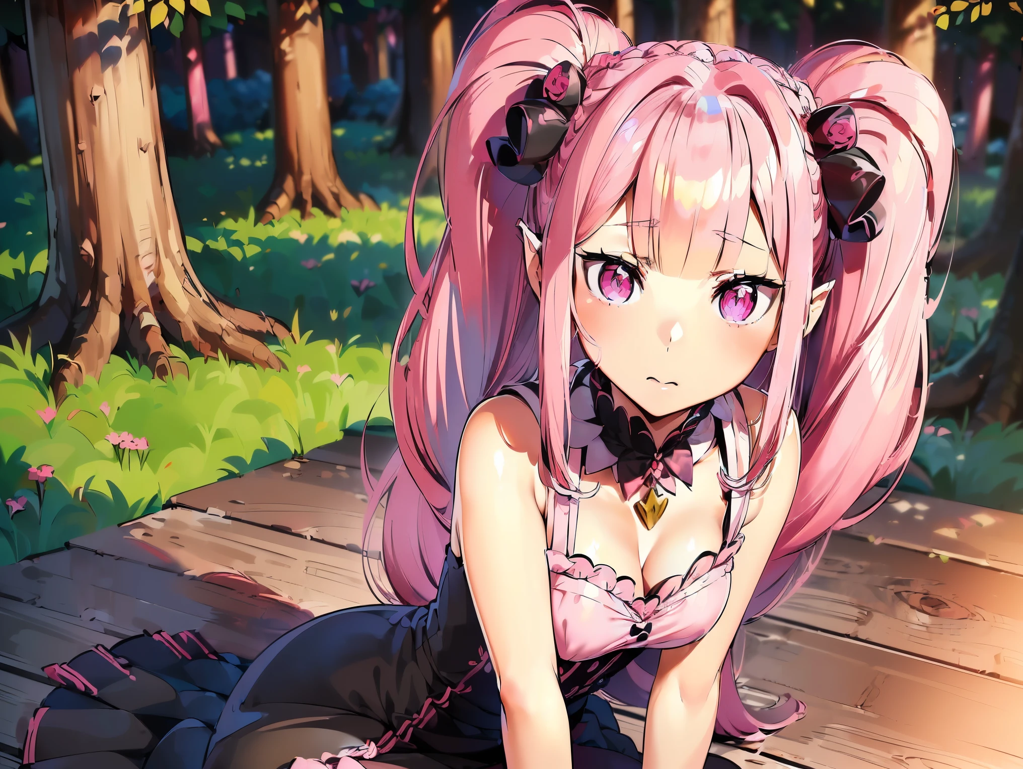 ((Yandere)), ((((pink twintails)))), ta, ((((long pink hair)))), ((horns)), (((red eyes))), (((blunt bangs))), ((twintails)), desleixada, ((melhor qualidade)), (((lolilack dress))), ((obra de arte)), (detalhado), rosto perfeito, ((style novel)), cores beautiful, ((((anime_collors)))), ((in wooden huts built in the forest)), (Solo)