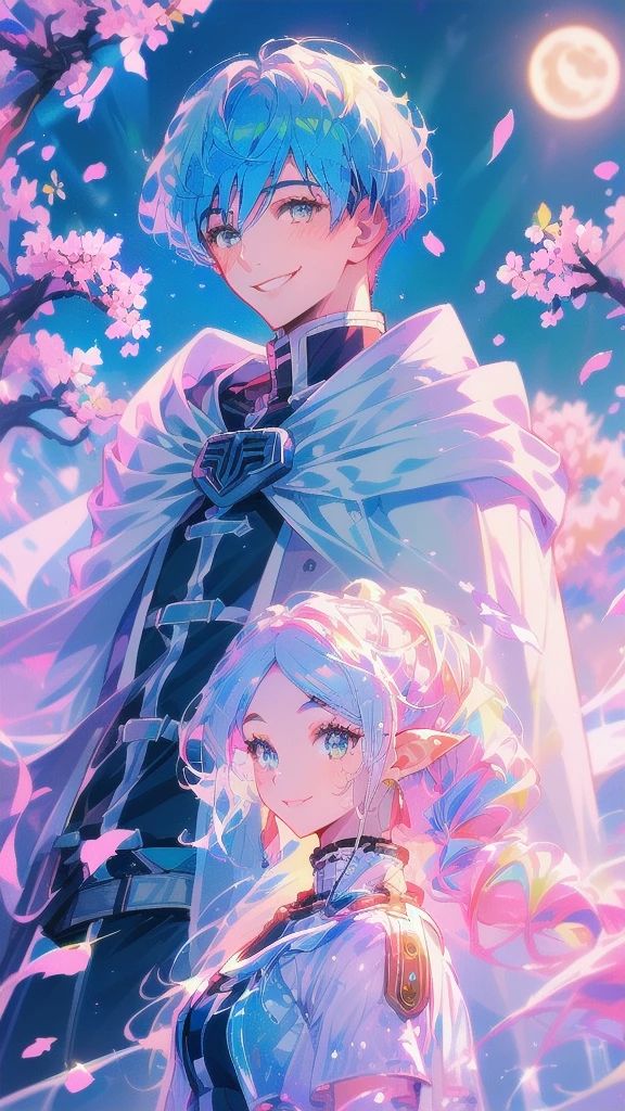 masterpiece, best quality, highres, 1girl frieren, white capelet striped shirt dress, 1boy himmel, (cherry blossoms, cherry blossom, midnight, moon:1.1), (boy is smile:1.4),(boy looking at girl:1.3),(girl looking away:1.3), (girl is expressionless:1.2)