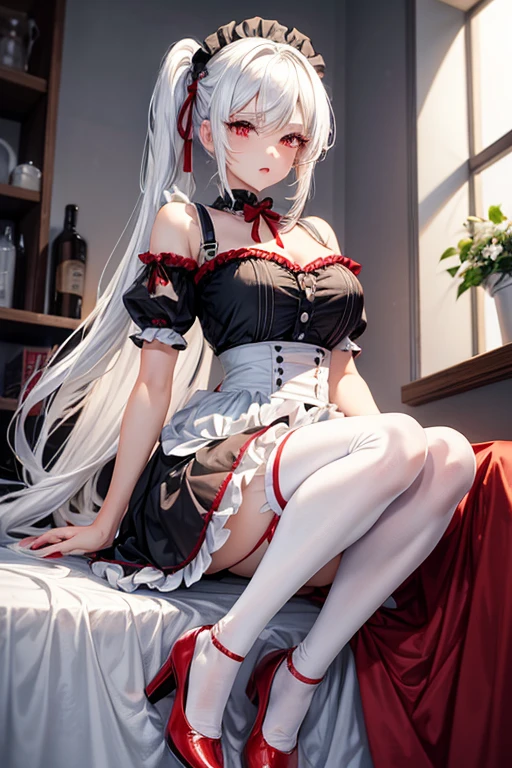 Woman, gorgeous, sexy, white hair, red eyes, two ponytails, red maid-like dress, black and white little details, ruffled skirt, seductive look, seductive pose, white stockings up to the middle of the thighs, red shoes