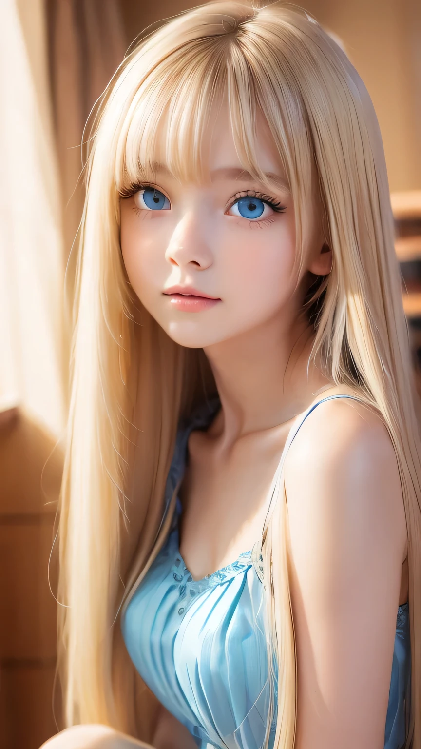 Very beautiful, bright, large light blue eyes、Very big eyes、Super long, super beautiful, bright blonde hair、Super long straight hair、Silky Hair、long bangs over the eyes、Very beautiful face, Young and shiny white skin、Sexy and very beautiful appearance、Beautiful and cute face、Very beautiful 14 year old, Stylish Nordic blonde beauty、A little larger chest, Full Body, Pubic hair, Very cute、hair over eyes、hair over one eye、hair between eyes、Round face