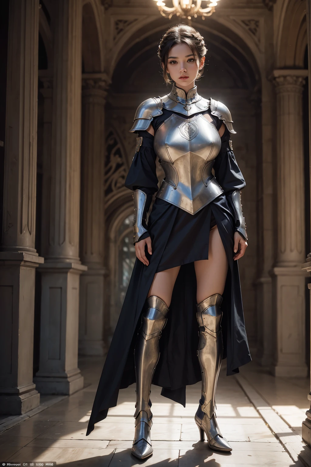 (((full image:1.5, show full body, standing:1.8, facing viewer, the front body facing directly to the front of camera, show body from head to toe))), huge breast:1.5, tall body, fit body, pale skin, beautiful woman, ((standing perfectly)), a woman wearing chest armor, show boots. short hair with updo. knight, medieval, warrior. High quality:1.3, realistic:1.2, 4k resolution, detailed skin, finely detail, detailed everything, masterpiece:1.1, ((best quality)), centered image, indoor.