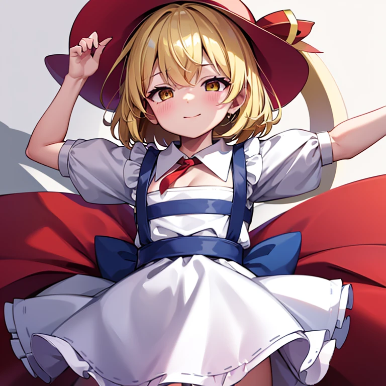 masterpiece, best quality, 1 girl, , , ************, white hat, red ribbon, middle blonde hair, golden eyes, short puffy sleeves, white clothes, white apron, red ribbon tie, blue skirt, blue ruffles, collarbone, gentle smile, Kana Anaberal, Poltergeist, pinafore, from behind, to lift up one’s skirt, cowboy shot, from front, standing , raise one leg, crossed arms, arms up behind, arms behind back, hand between legs, put hands hip, one hand on hip, forward hands, arms raised in the air, punch hands, peace_sign, waving, put up index finger, sit, lie down, closed eyes, lie face down, looking back, put one hand chest, leaning forward,cleavage,close up, horizontally outstretched arms, horizontally outstretched legs, front view, front face