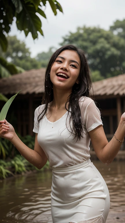 young Indonesian beautiful woman, wearing a wet white kebaya, long hair, heavy rain, right hand holding one a wide banana leaf, left hand carrying sandals, muddy road,she is high jumping and down dancing and laughing happily, the background is a farmer, a buffalo , much water splash effect. HD professional photographer, epicrealism models, atmospheric impressionism, bokeh, film dramatic realism,ultra upscale ultra detail on facial skin, soft focus realism --ar 36:61 --stylize 7
