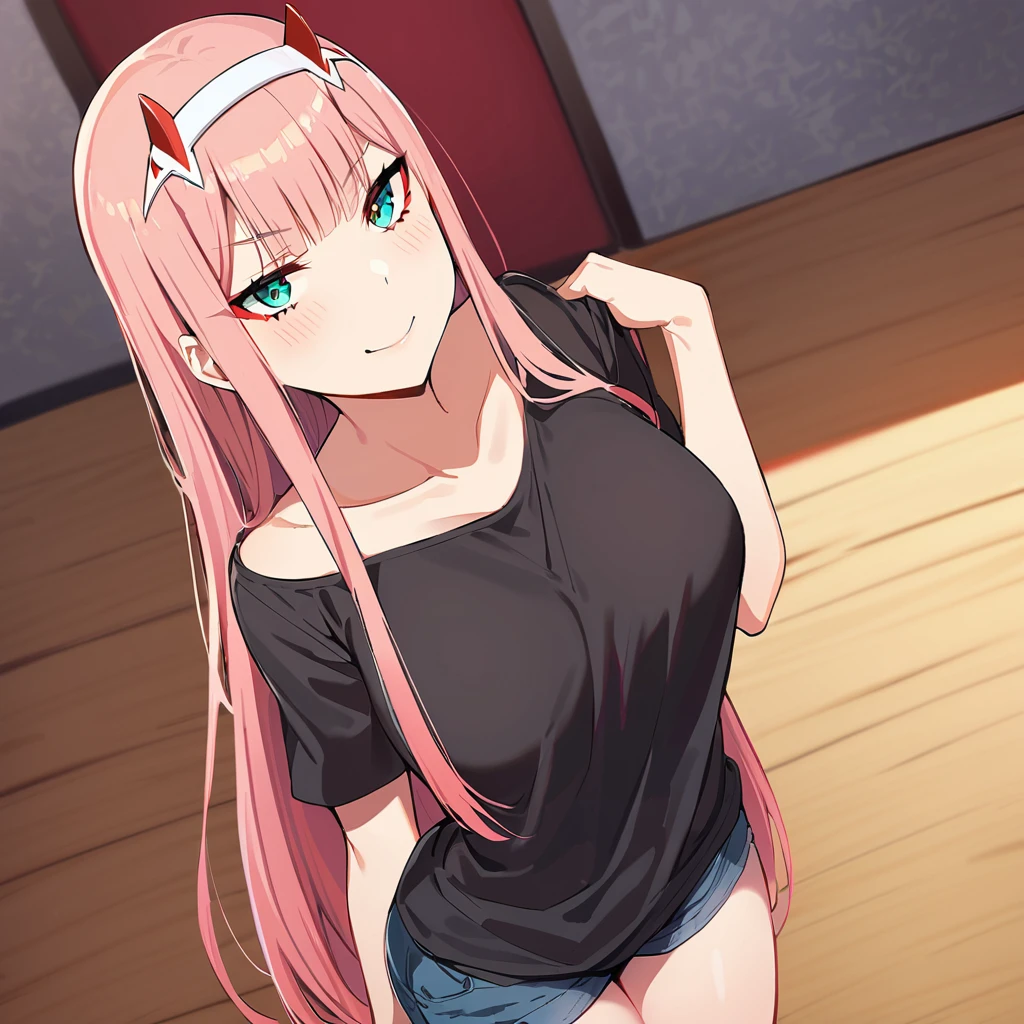 (masterpiece, best quality:1.2), 1girl, solo,
long hair, Zero two, falda corta, playera negra corta, muslos grandes, pechos grandes, muslos grandes, medias 