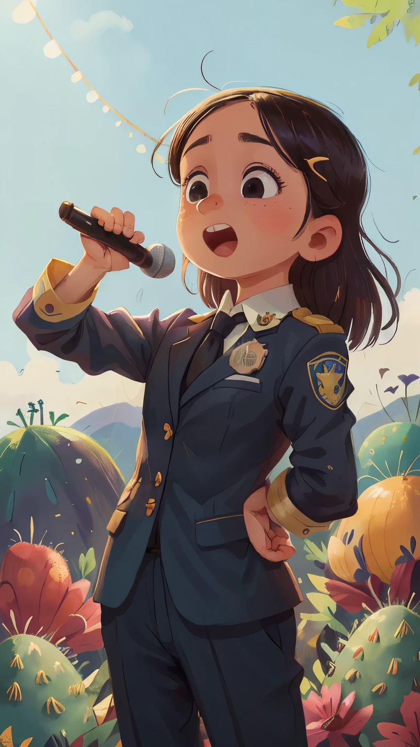 Adult wearing black elegant suit with a small badge that says "Police Cardonal" holding a microphone speaking loudly and raising his right arm surrounded by many people, al aire libre, muchos cactus y cerros de fondo, feliz, feliz, calidad perfecta, enfoque claro (desorden - hogar: 0.8), (Obra maestra: 1.2) (realista: 1.2) (bokeh) (mejor calidad) (Piel detallada: 1.3) (detalles intrincados) (8k) (Detalle ojos) (sharp focus), (feliz)