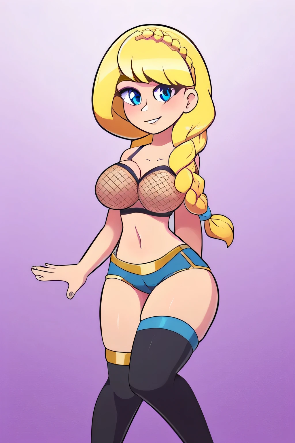 A woman goddess tall beautiful sexy sensual beautiful beautiful tenderness affectionate slutty pretty smiles kindly big breast huge long yellow hair wavy to the side a Mencho short yellow braid her light blue eye orange side she dresses bright gold metal bra shows navel and gold armor shorts sample leg socks net black