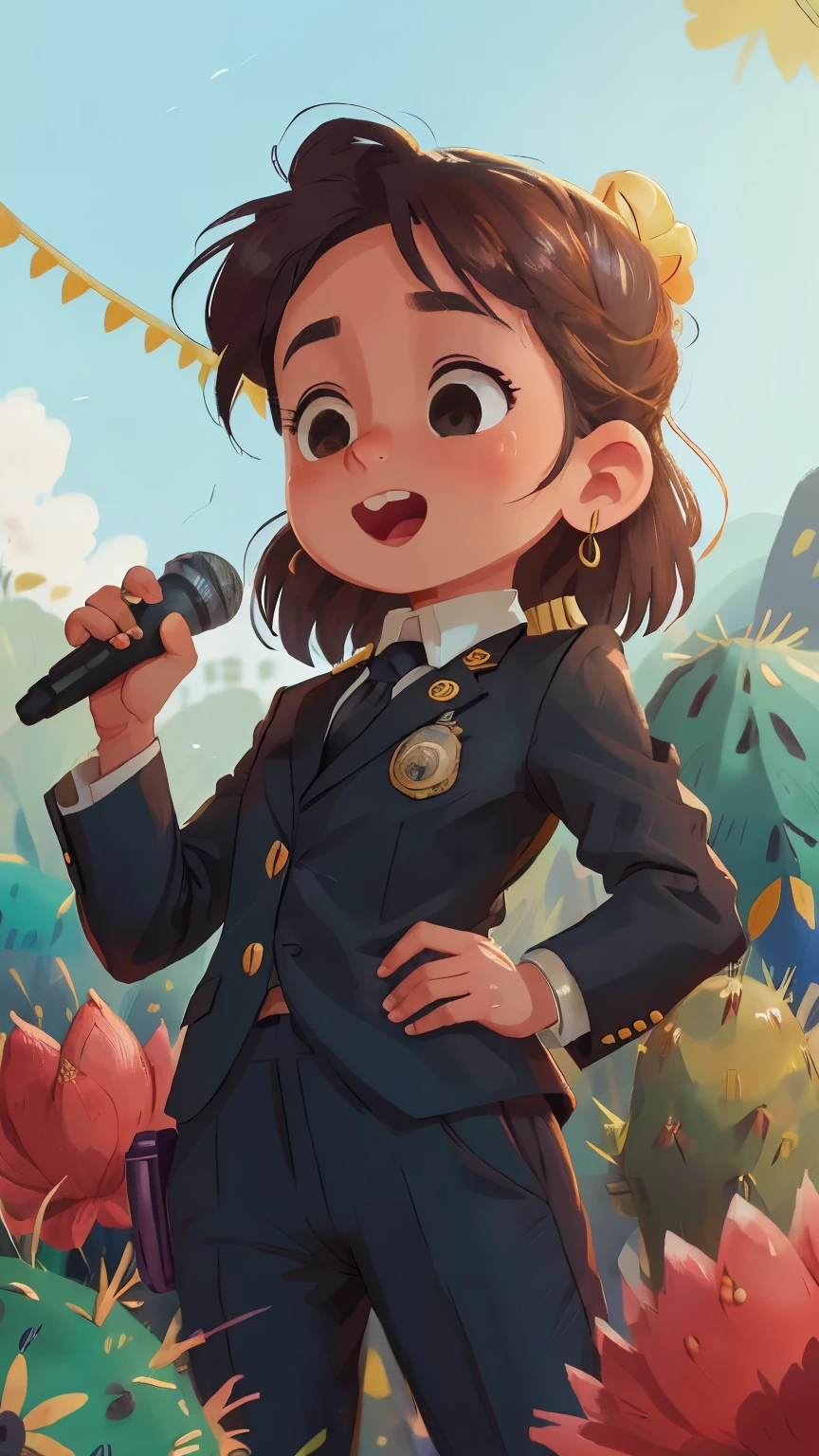 Adult wearing black elegant suit with a small badge that says "Police Cardonal" holding a microphone speaking loudly and raising his right arm surrounded by many people, al aire libre, muchos cactus y cerros de fondo, feliz, feliz, calidad perfecta, enfoque claro (desorden - hogar: 0.8), (Obra maestra: 1.2) (realista: 1.2) (bokeh) (mejor calidad) (Piel detallada: 1.3) (detalles intrincados) (8k) (Detalle ojos) (sharp focus), (feliz)