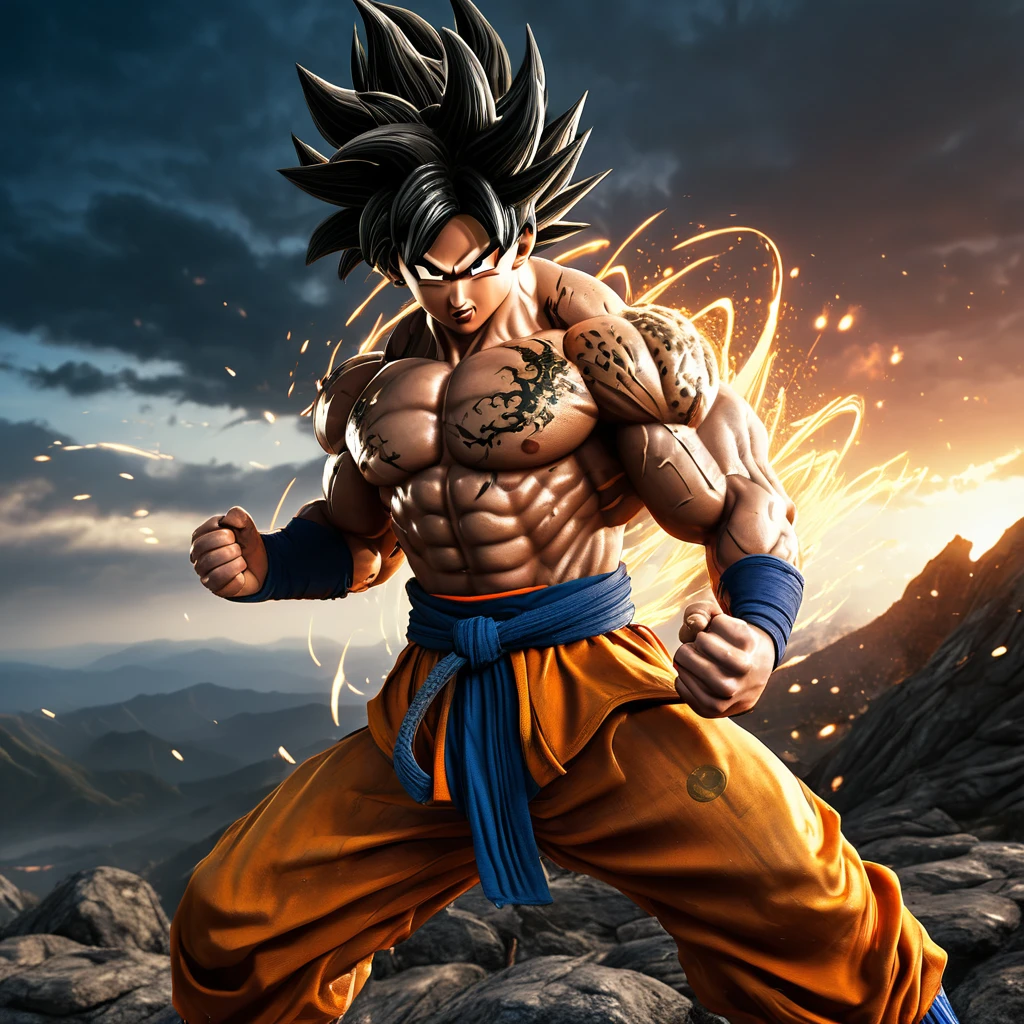(best quality,4k,8k,highres,masterpiece:1.2),ultra-detailed,(realistic,photorealistic,photo-realistic:1.37),long dark hair,powerful muscles,sparkling eyes,[beautiful detailed eyes],[beautiful detailed lips],fierce expression,golden aura,[battle-ready pose],[confident stance],tattered and torn clothes,[dragon ball inspired outfit],[torn and weathered clothes],[dirt and sweat stains],[battle scars],dragon tattoo on the arm,[intense energy],dragon scale armor,Goku's power pole,[Z fighters' symbol] on the back,beautiful sunset sky,dragon hovering in the background,fiery energy blasts,stormy battleground,anime style,[action-packed],[dynamic poses],[epic battle scene],vivid colors,strong backlighting,shining sunbeams,mystical glow,smoke and dust effects,energy crackling,martial arts movements,explosive power,Ki blasts,[flying rocks and debris],dragon ball in hand,[powerful energy gathering],[physical strength],dragon roaring in the distance,full moon in the sky,crouching on a mountain peak,showcasing incredible power and determination