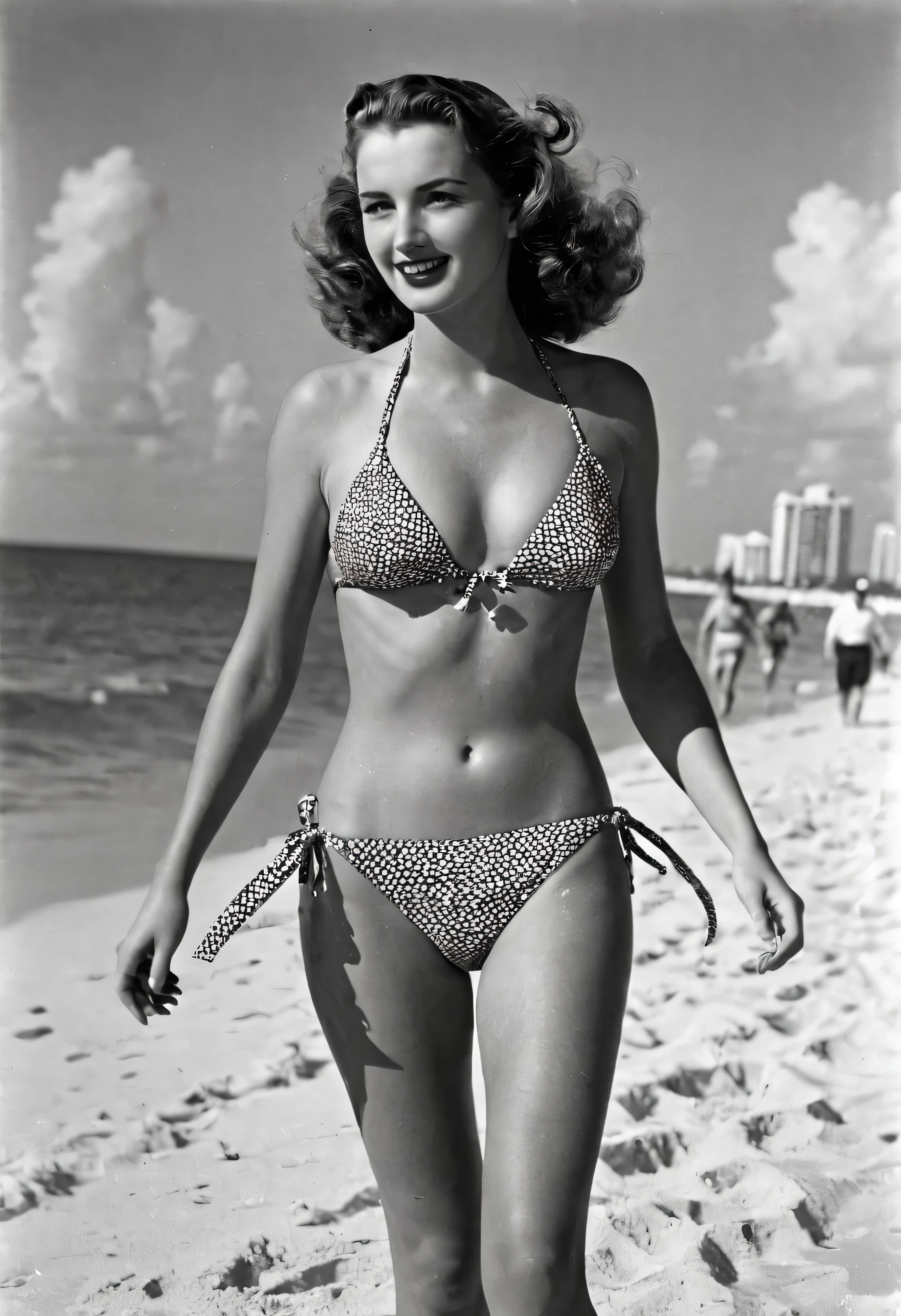 Photo of Beautiful woman wear Bikini  walked on Miami Beach, 1940s.