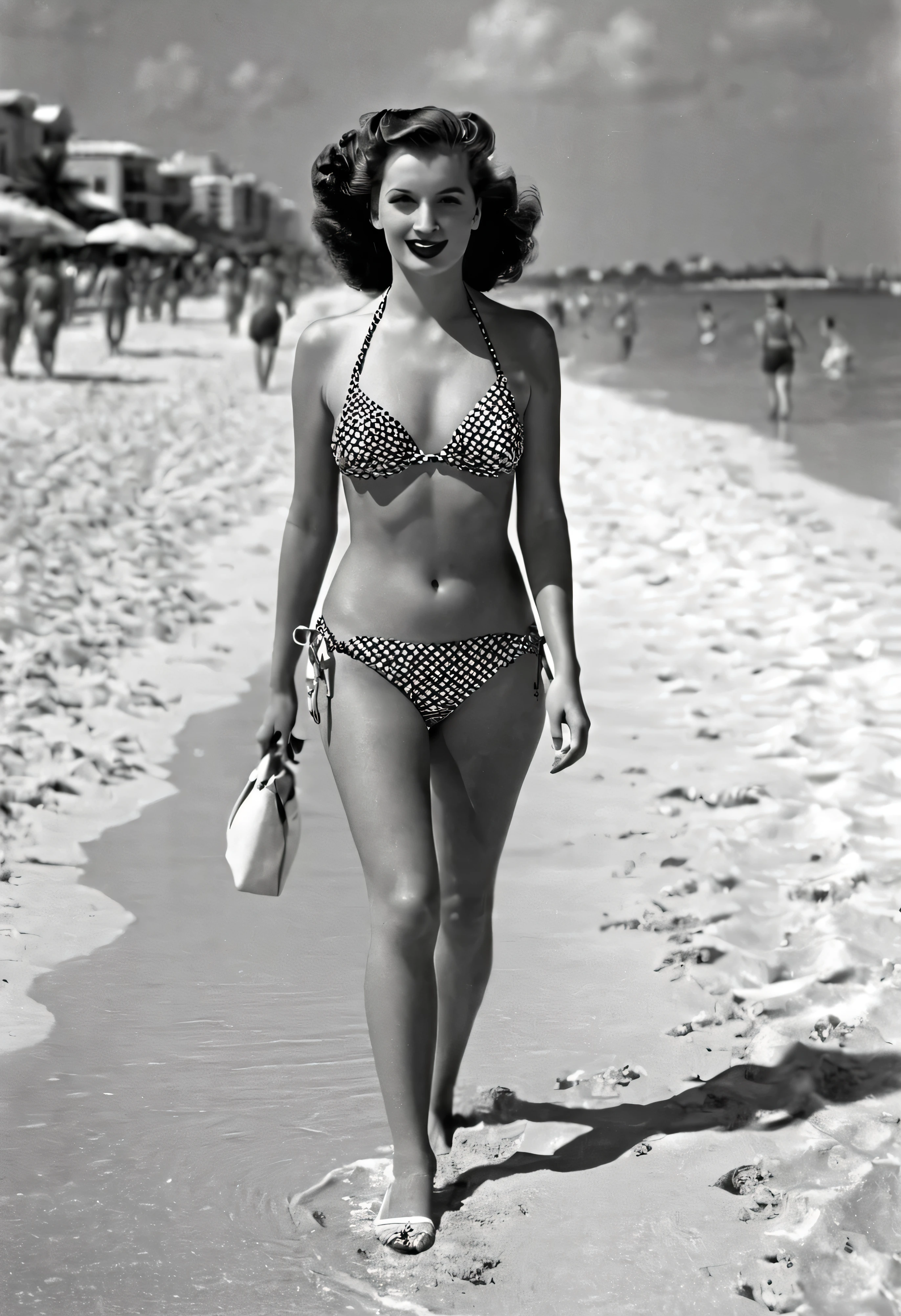 Photo of Beautiful woman wear Bikini walked on Miami Beach, 1940s.