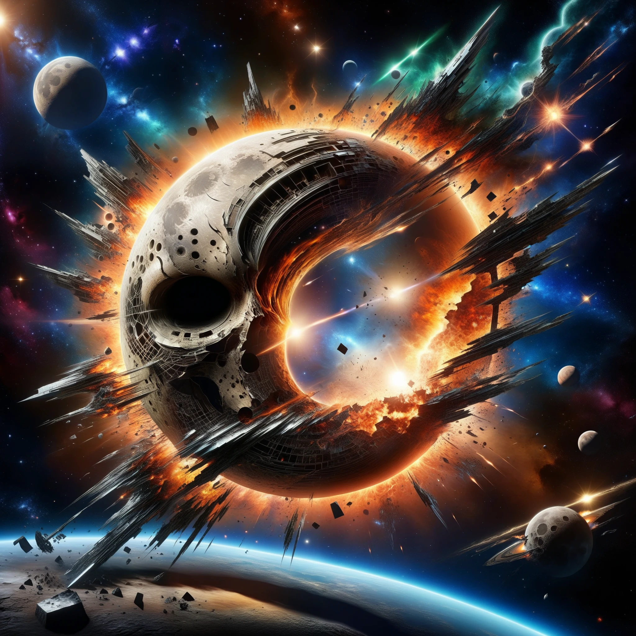 The shattered remnants of a destroyed moon scatter amidst a cosmic shockwave, heralding doom