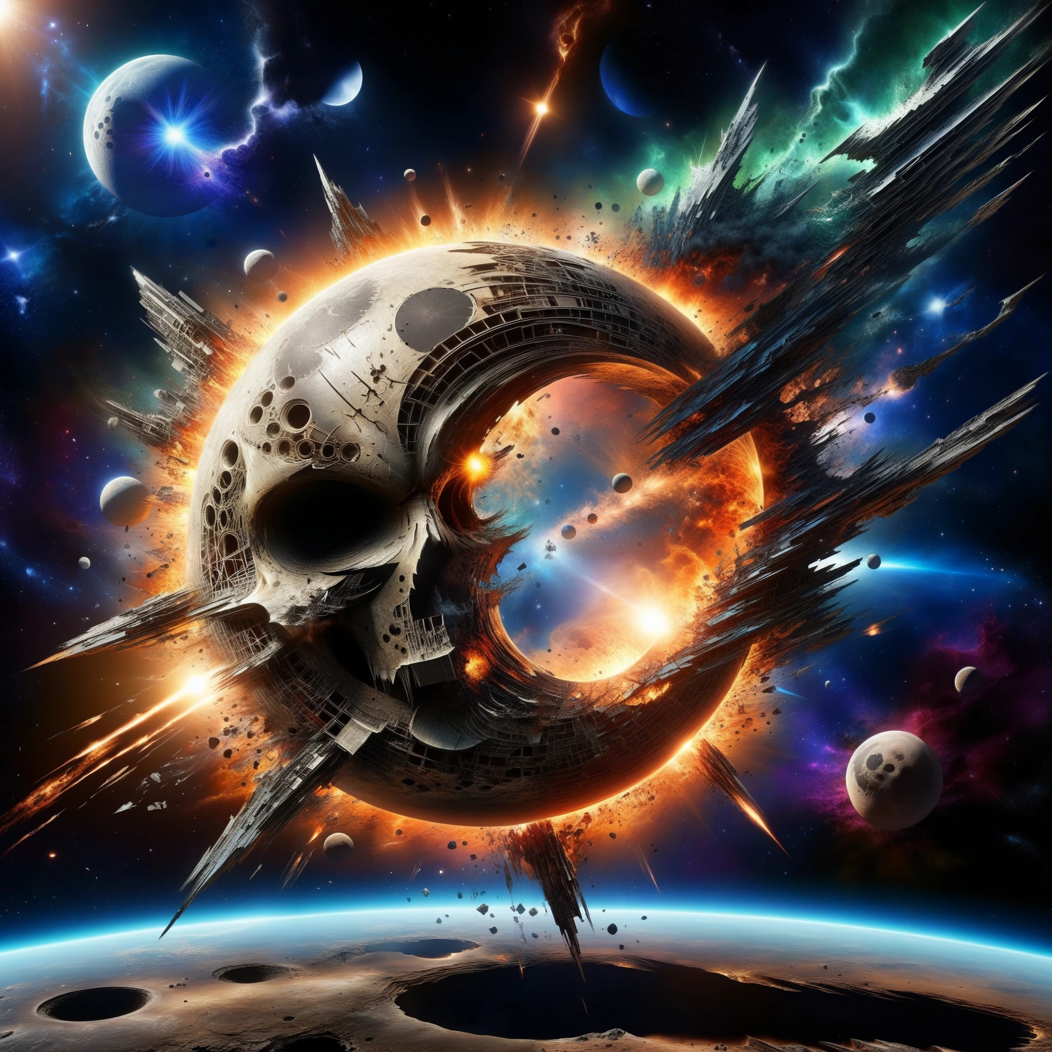 The shattered remnants of a destroyed moon scatter amidst a cosmic shockwave, heralding doom