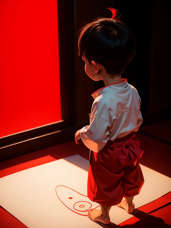 Little Boy、4 year old boy、Standing posture、Landscape、wearing a costume、Kumatori face in Kabuki（Draw a red line on white paper）、Kabuki Stage、Bright lighting、Red light up from behind、