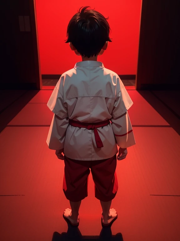 、4 year old boy、Standing posture、Landscape、wearing a costume、Kumatori face in Kabuki(Draw a red line on white paper)、Kabuki Stage、Bright lighting、Red light up from behind、