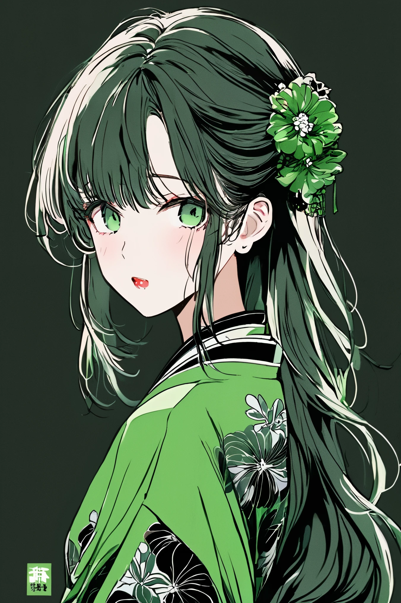 (highest quality, sketch:1.2), High resolution:0.75, Illustrator,anime, 1 girl, detailed lips, yukata、green dress,custom, (Dark monochrome background),neon hair,Texture Cropping, masterpiece, style, Retro Classic, Dark Black, Art Station, sketch book, Smooth long hair [green:1.75] [neon:1.32], (Dark monochrome background:2.1), epic realistic, detailed、Sitting in a chair