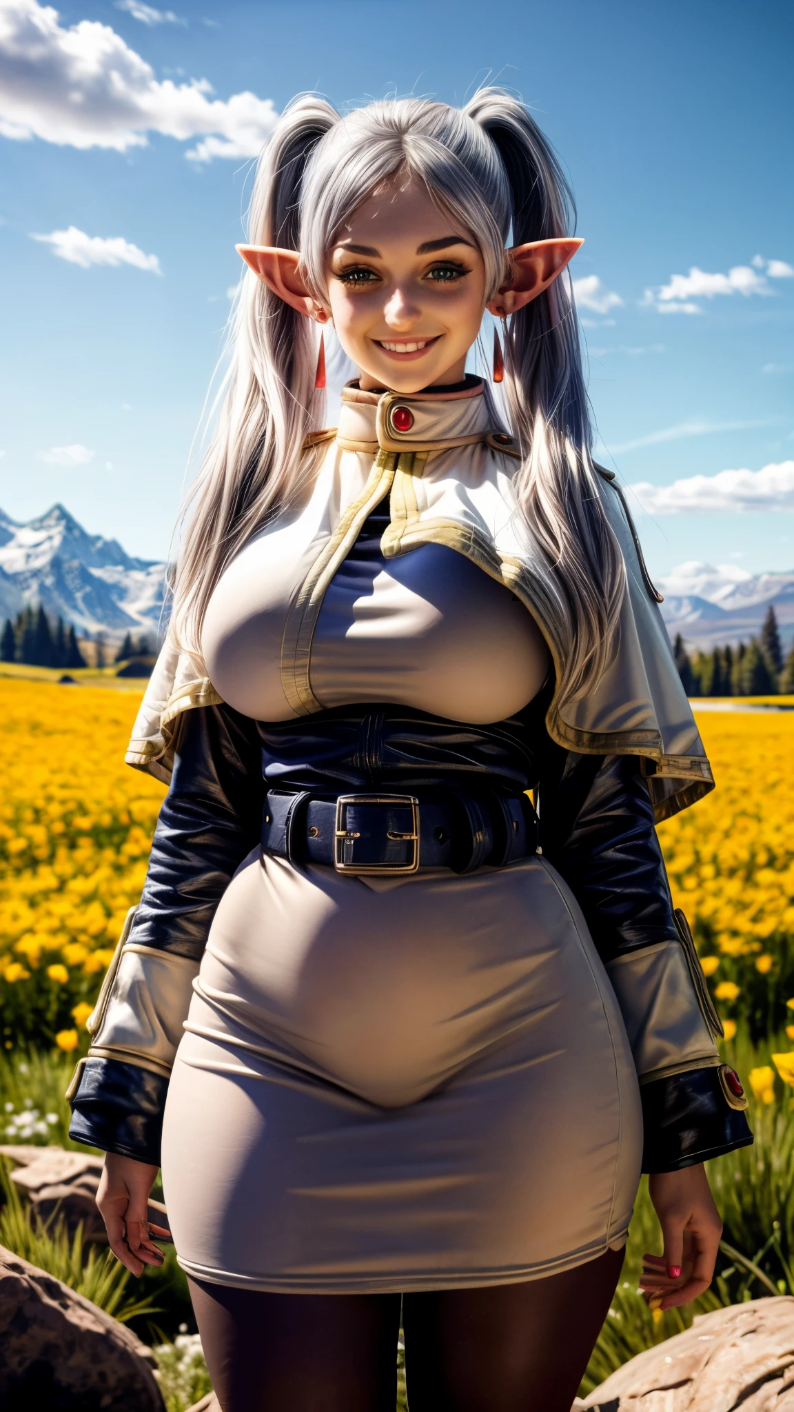 (realistic:1.3), finely detailed, quality, rembrandt lighting, (masterpiece:1.2), (photorealistic:1.2), (best quality), (detailed skin:1.3), (intricate details), dramatic, ray tracing, 1girl, 21 years old, detailed skin texture, (blush:0.5), (goosebumps:0.5), subsurface scattering, smiling, large breasts, thick thighs, curvy hips, frieren, long hair, pointy ears, (twintails:1.2), platinum hair, jewelry, elf, earrings, capelet, white capelet, long sleeves, parted bangs, dress, belt, flower, (bright sunny day, wide open field, sky, mountains in the distance),