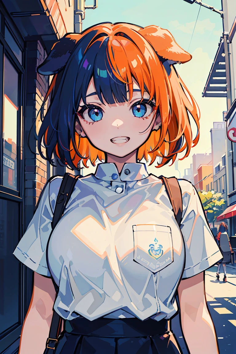 ((Two girls)), (Dog girl), (beast耳), (super high quality), masterpiece, wild, beast, (A strong-willed girl with cobalt hair and a girl with big round eyes and orange hair), Casual Scene, Relaxed atmosphere, she wears fashionable clothes,sun&#39;s rays emit warm colors, Street atmosphere, urban environment. Perfect body, (E Cup:1.2), Grin, teeth, Fresh, (Asymmetrical bangs:1.3),short hair, Highly detailed face and eyes, Sharp eyes, Digital Art, beautiful, Cinema Lighting, By Yusuke Murata.tonality, Romanticism, modern art, Impressionism, reflected light, 8k, masterpiece, Advanced Details, highest quality, Accurate anatomy