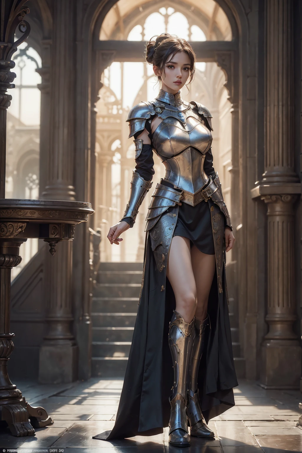 (((full image:1.5, show full body, standing:1.8, facing viewer, the front body facing directly to the front of camera, show body from head to toe))), huge breast:1.5, tall body, fit body, pale skin, beautiful woman, ((standing perfectly)), a woman wearing chest armor, show boots. short hair with updo. knight, medieval, warrior. High quality:1.3, realistic:1.2, 4k resolution, detailed skin, finely detail, detailed everything, masterpiece:1.1, ((best quality)), centered image, indoor.