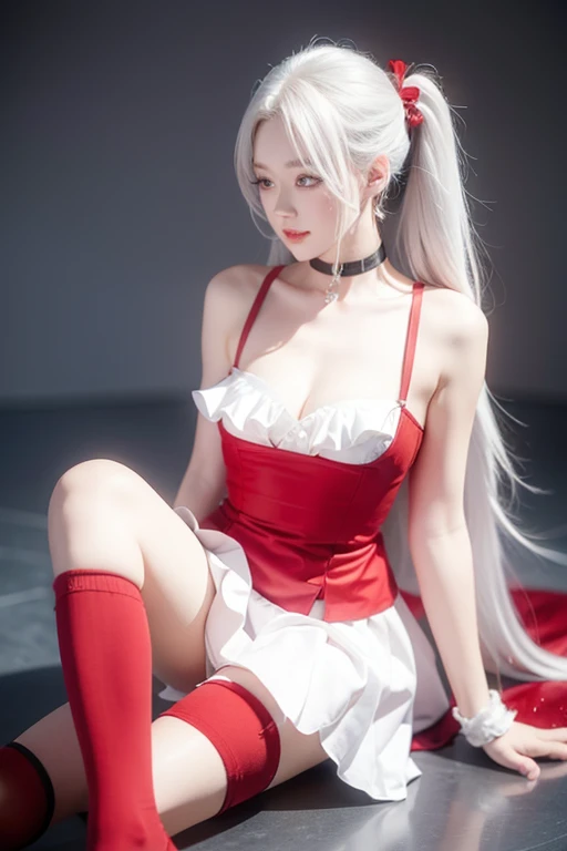 Woman, gorgeous, sexy, white hair, red eyes, two ponytails, red maid-like dress, black and white little details, ruffled skirt, seductive look, seductive pose, white stockings up to the middle of the thighs, red shoes