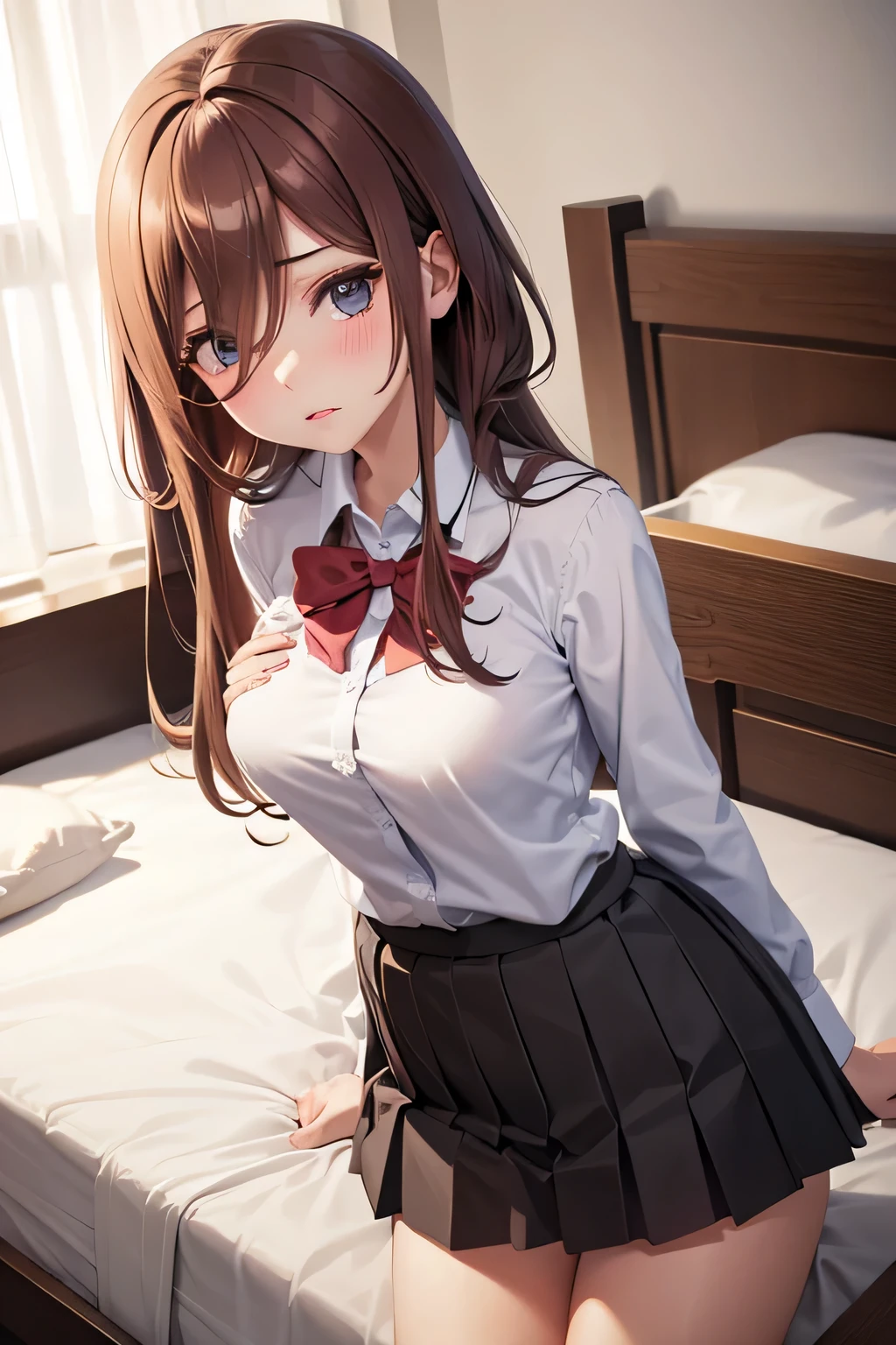 Mastepiece、masterpiece、highest quality、Super detailed、High resolution、8K Portrait、High definition CG of Unity 8k wallpaper、Cute little:1.5、Loli:1.5、Highly detailed CG Unity 8k wallpaper、Realistic、Real person、 Portrait Photography、Shiny skin、High definition、(:1.2)、(1 girl)、Beautiful clear eyes、extremely detailed description、Delicate face、Nice lips、Slim body、(thin waist)、Thin legs、(bed room:1.6)、1 Girl, Cute, Perfect Face, seriously, (blush:1.5),(Brown hair semi-long hair:1.3),(Headphones on neck),(large breasts:1.5),(School uniform:1.3),((skirt lift:1.5)),(looking at view),(from front:1.2),(disapproval face:1.5),nsfw,(take off panty:1.5)