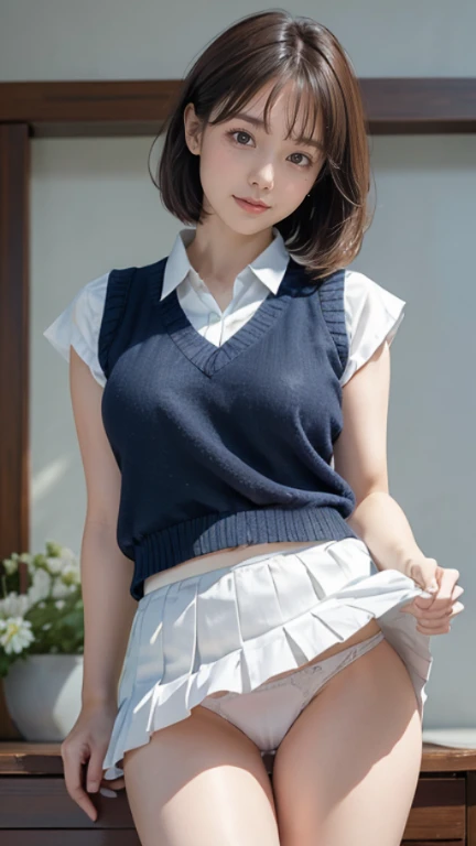 (masterpiece:1.2, highest quality), (realistic, photorealistic:1.4), beautiful illustrations, (natural side lighting, movie lighting), Depth of written boundary,
looking at the viewer, Front view, 1 girl, English, high school girl, 20 years old, perfect face, Cute symmetrical face, shiny skin, open legs,
(bob hair:1.7,blonde), asymmetrical bangs, Big eyes, droopy eyes, long eyelashes chest), thin,
beautiful hair, beautiful face, fine and beautiful eyes, beautiful clavicle, beautiful body, beautiful breasts, beautiful thighs, beautiful feet, beautiful fingers,
((fine fabric texture, brown knit vest, short sleeve white collar shirt, navy pleated skirt, Navy bow tie)),
(beautiful scenery), evening, (Inside the flower shop), Are standing, (smile, Upper grade, open your mouth), (((skirt lift, white sexy panties, genitals visible))), full body shot, dark blue socks, sexy face, inverted nipples,