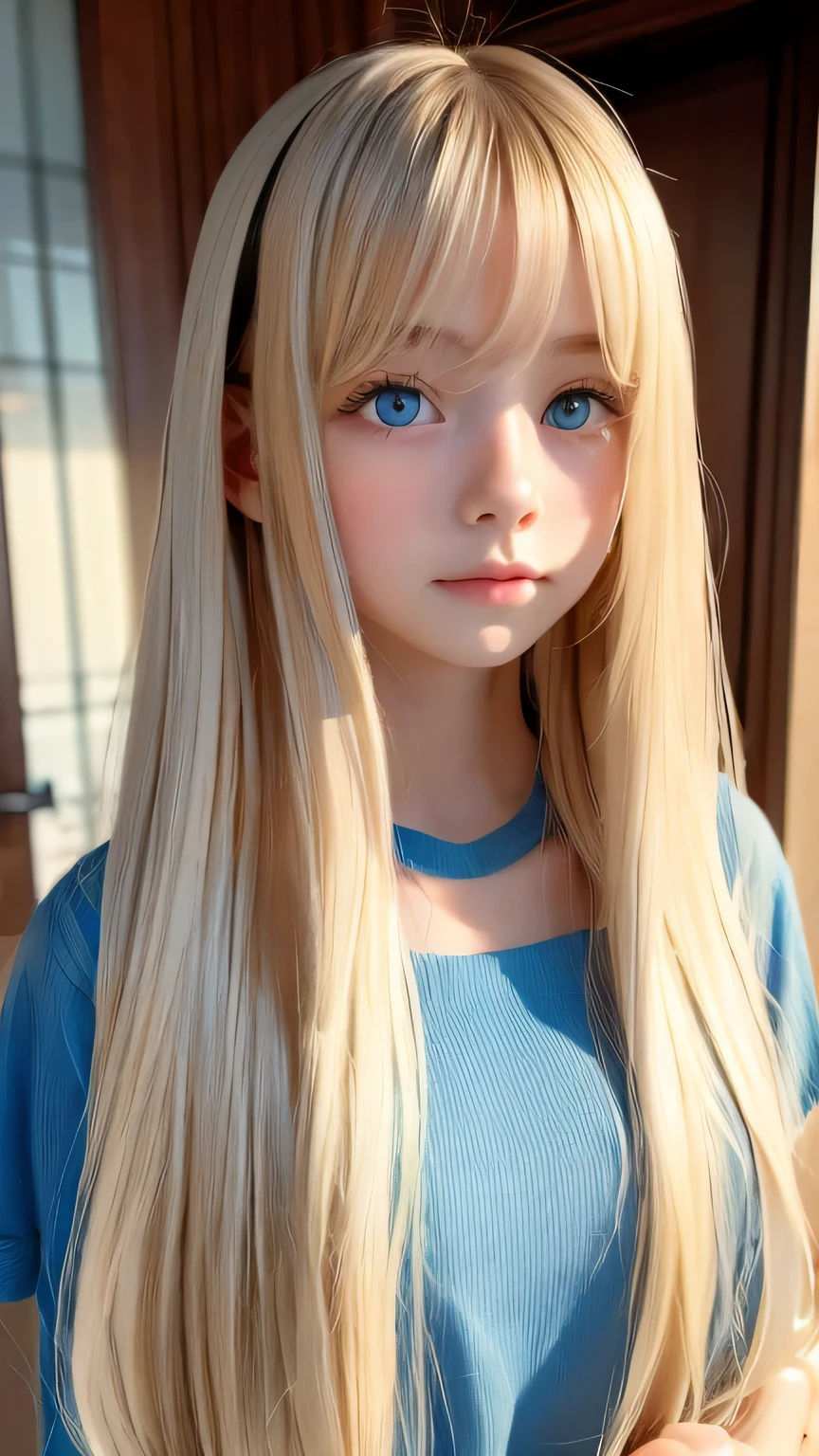Very beautiful, bright, large light blue eyes、Very big eyes、Super long, super beautiful, bright blonde hair、Super long straight hair、Silky Hair、long bangs over the eyes、Very beautiful face, Young and shiny white skin、Very beautiful appearance、Beautiful and cute face、Very beautiful 14 year old, Stylish Nordic blonde beauty、A little larger chest, Full Body, Pubic hair, Very cute、hair over eyes、hair over one eye、hair between eyes、Round face