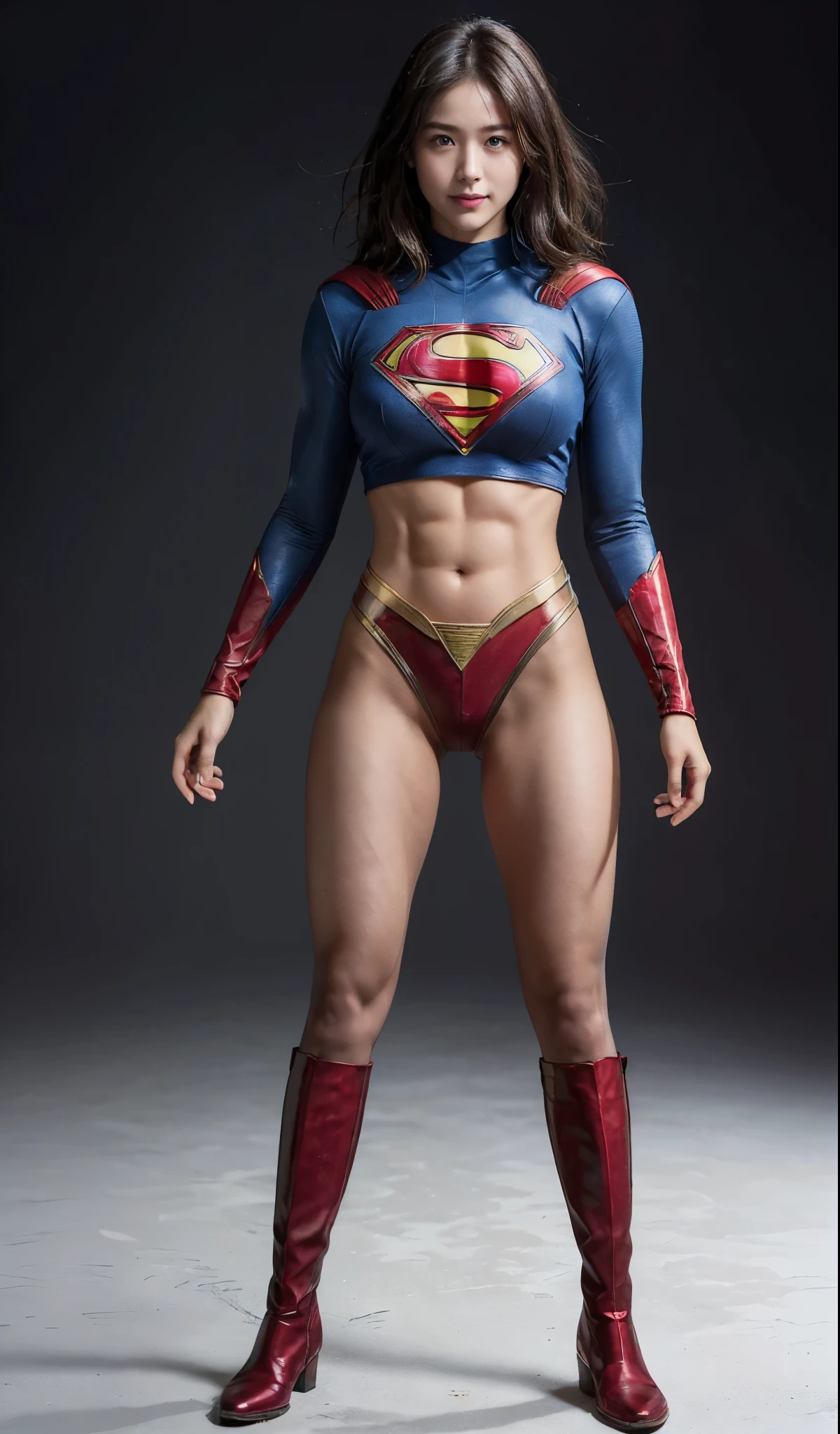 No background、(((Beautiful legs in black tights.)))、(((Legally express the beauty of your smile)))、((((Make the most of your original images)))、(((Supergirl Costume)))、(((beautiful short bob hair)))、(((suffering)))、(((Please wear black tights....、Wear red boots)))、((Best image quality、8K))、((highest quality、8K、masterpiece:1.3))、(((Preserve background )))、Sharp focus:1.2、Beautiful woman with perfect figure:1.4、Thin abdominal muscles:1.2、Wet body:1.5、Highly detailed face and skin texture、8K