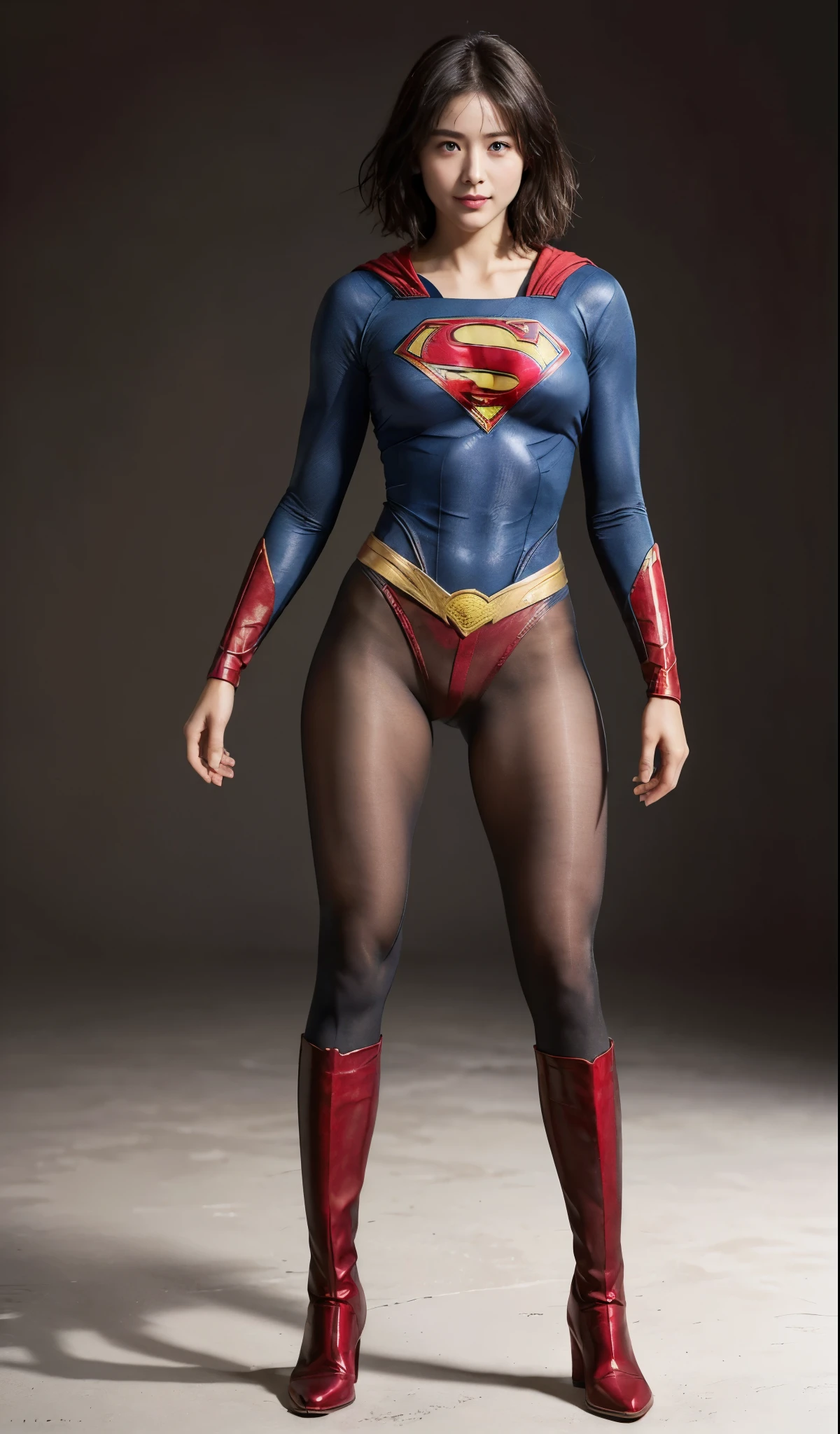 No background、(((Beautiful legs in black tights.)))、(((Legally express the beauty of your smile)))、((((Make the most of your original images)))、(((Supergirl Costume)))、(((beautiful short bob hair)))、(((suffering)))、(((Please wear black tights....、Wear red boots)))、((Best image quality、8K))、((highest quality、8K、masterpiece:1.3))、(((Preserve background )))、Sharp focus:1.2、Beautiful woman with perfect figure:1.4、Thin abdominal muscles:1.2、Wet body:1.5、Highly detailed face and skin texture、8K