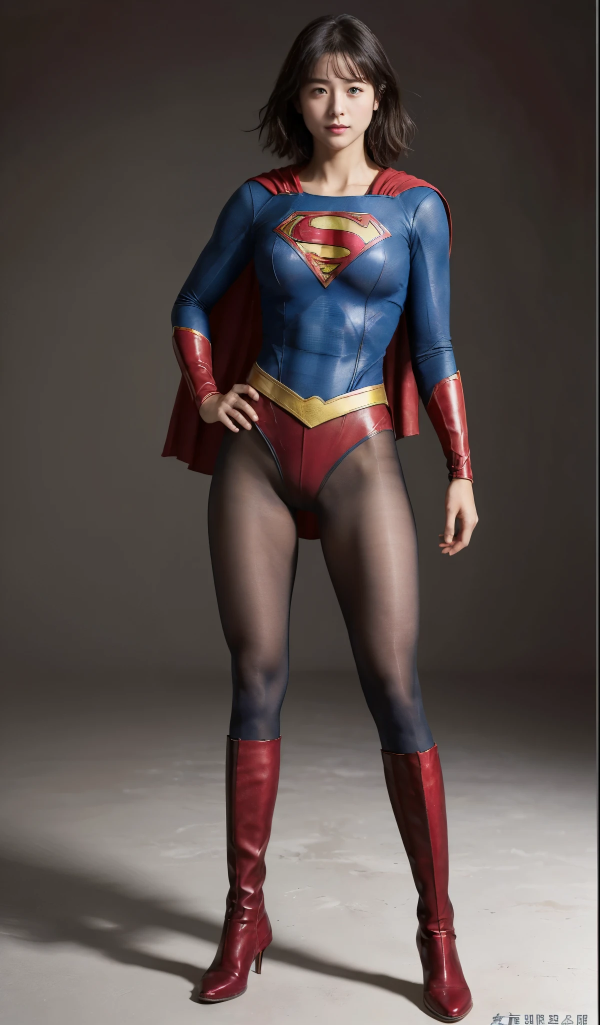 No background、(((Beautiful legs in black tights.)))、(((Legally express the beauty of your smile)))、((((Make the most of your original images)))、(((Supergirl Costume)))、(((beautiful short bob hair)))、(((suffering)))、(((Please wear black tights....、Wear red boots)))、((Best image quality、8K))、((highest quality、8K、masterpiece:1.3))、(((Preserve background )))、Sharp focus:1.2、Beautiful woman with perfect figure:1.4、Thin abdominal muscles:1.2、Wet body:1.5、Highly detailed face and skin texture、8K