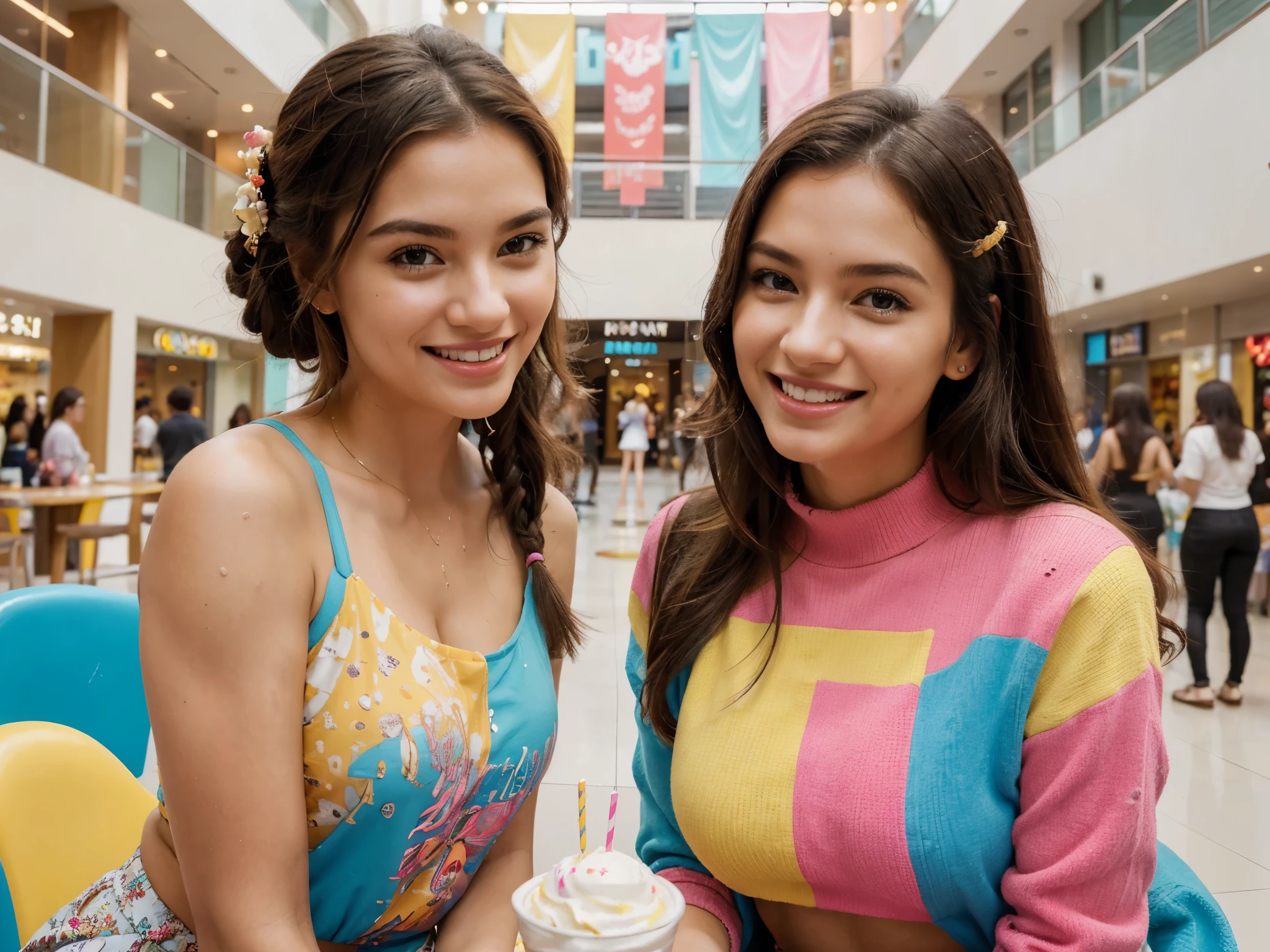 2 girls, eating ice cream, happy, cheerful smiling faces, posing in a shopping mall, excited, meeting after a long time, indoor shopping mall, modern, bright and colorful atmosphere, impressive architectural design, large glass windows, people shopping in the background , beautiful decorations, happy atmosphere, fun mood, vibrant colors, eye-catching outfits, stylish clothes, cool hairstyles, youthful, energetic, lively, full of life, enjoying the moment, expressive eyes, detailed facial features, elaborate hairstyles, expressing your happiness, ice. dripping cream, delicious flavors and toppings, tantalizing dessert, rich textures, creamy and smooth ice cream, crunchy cones, sweet and refreshing delight, high quality ingredients, indulgent experience, high resolution image, ultra detailed, photorealistic, vivid colors, professional lighting , artistic composition, perfectly captured moment, warm golden lighting, creating a cozy and welcoming atmosphere.