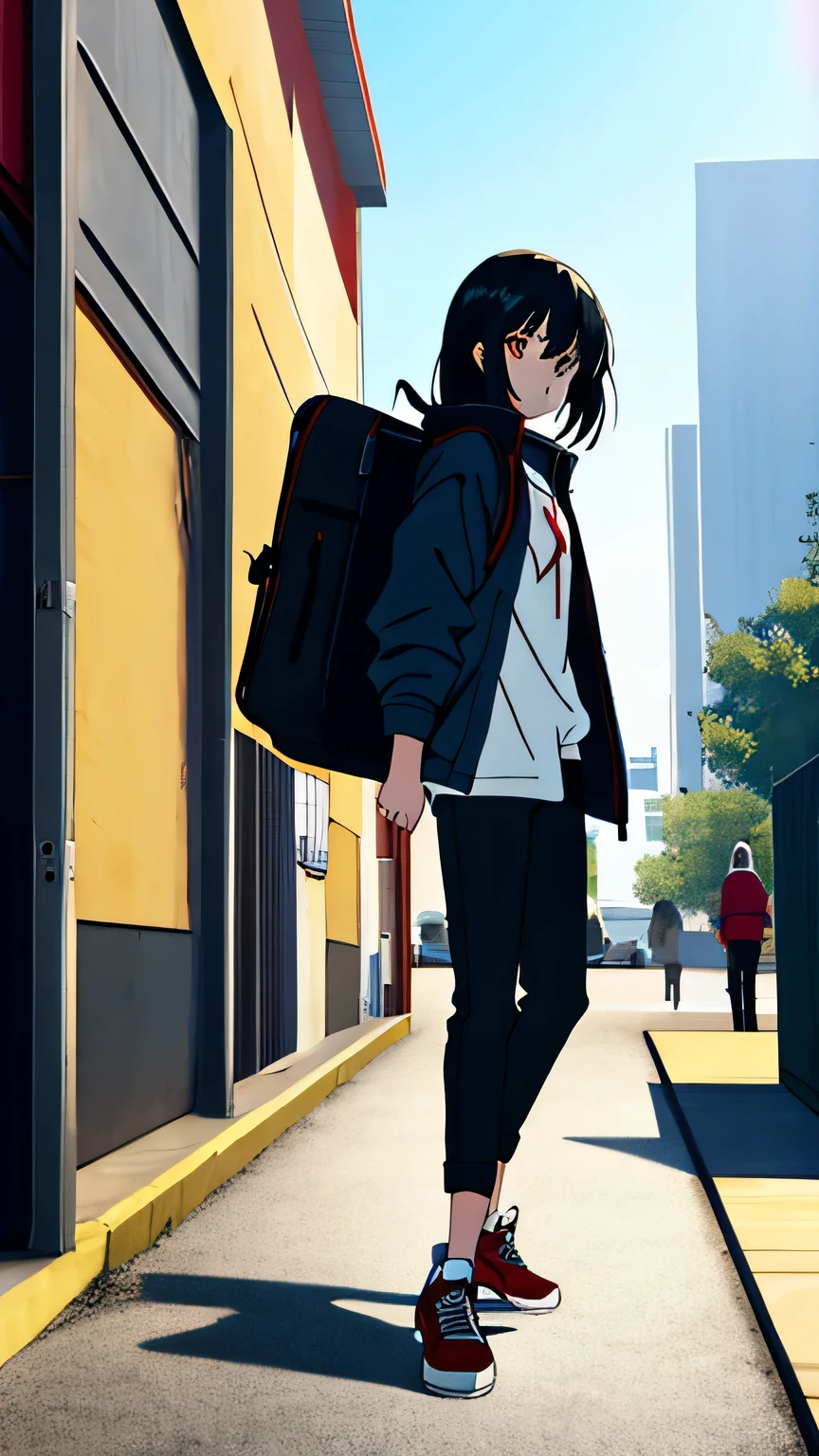 A girl, dark blue jacket, white shirt, black pants, red white and black air Jordan shoes, black hair, golden eyes, guitar backpacker, teenager 